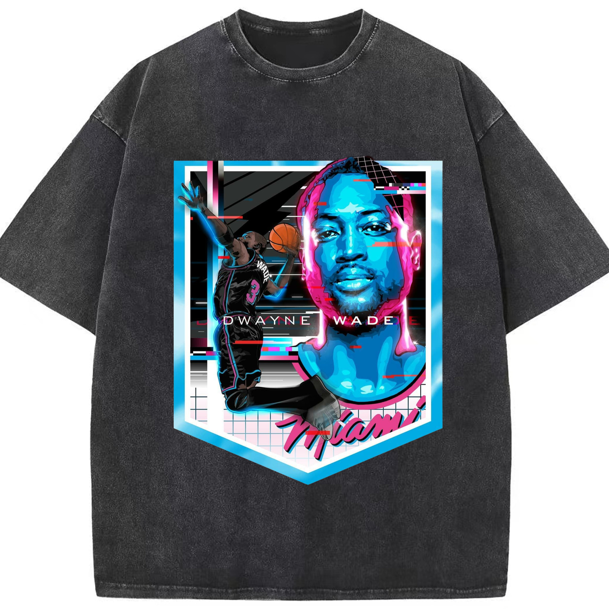 Dwyane wade miami heat Colored DrawingT-shirt​ - Washed Vintage Look 230g Cotton Oversized T-Shirt With Front Heat Transfer Print – Soft, Lightweight, Stylish Fit – Comfortable Casual Wear For Sports & Everyday Use