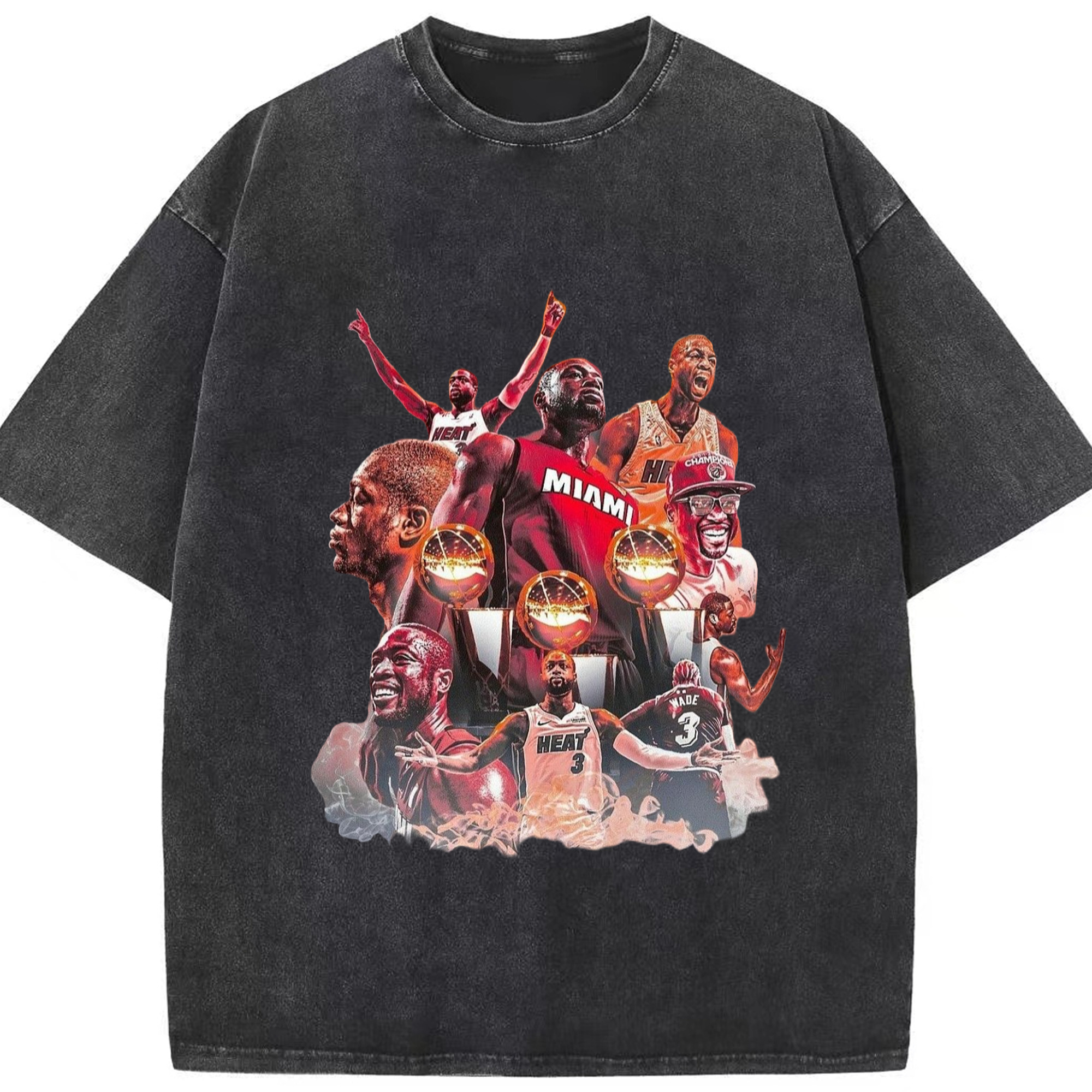 Dwyane wade miami heat Three NBA championships vintage T-shirt​ - Washed Vintage Look 230g Cotton Oversized T-Shirt With Front Heat Transfer Print – Soft, Lightweight, Stylish Fit – Comfortable Casual Wear For Sports & Everyday Use