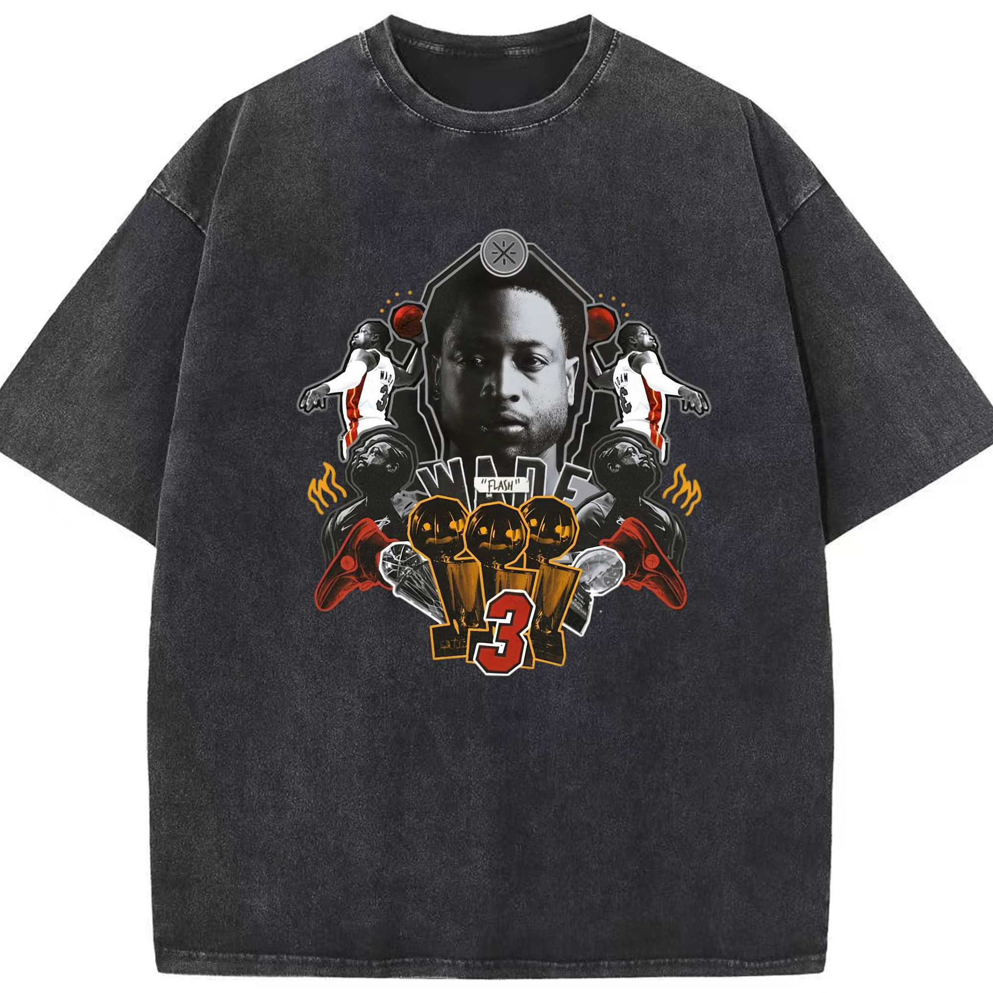 Dwyane wade Three NBA championships vintage T-shirt​ - Washed Vintage Look 230g Cotton Oversized T-Shirt With Front Heat Transfer Print – Soft, Lightweight, Stylish Fit – Comfortable Casual Wear For Sports & Everyday Use
