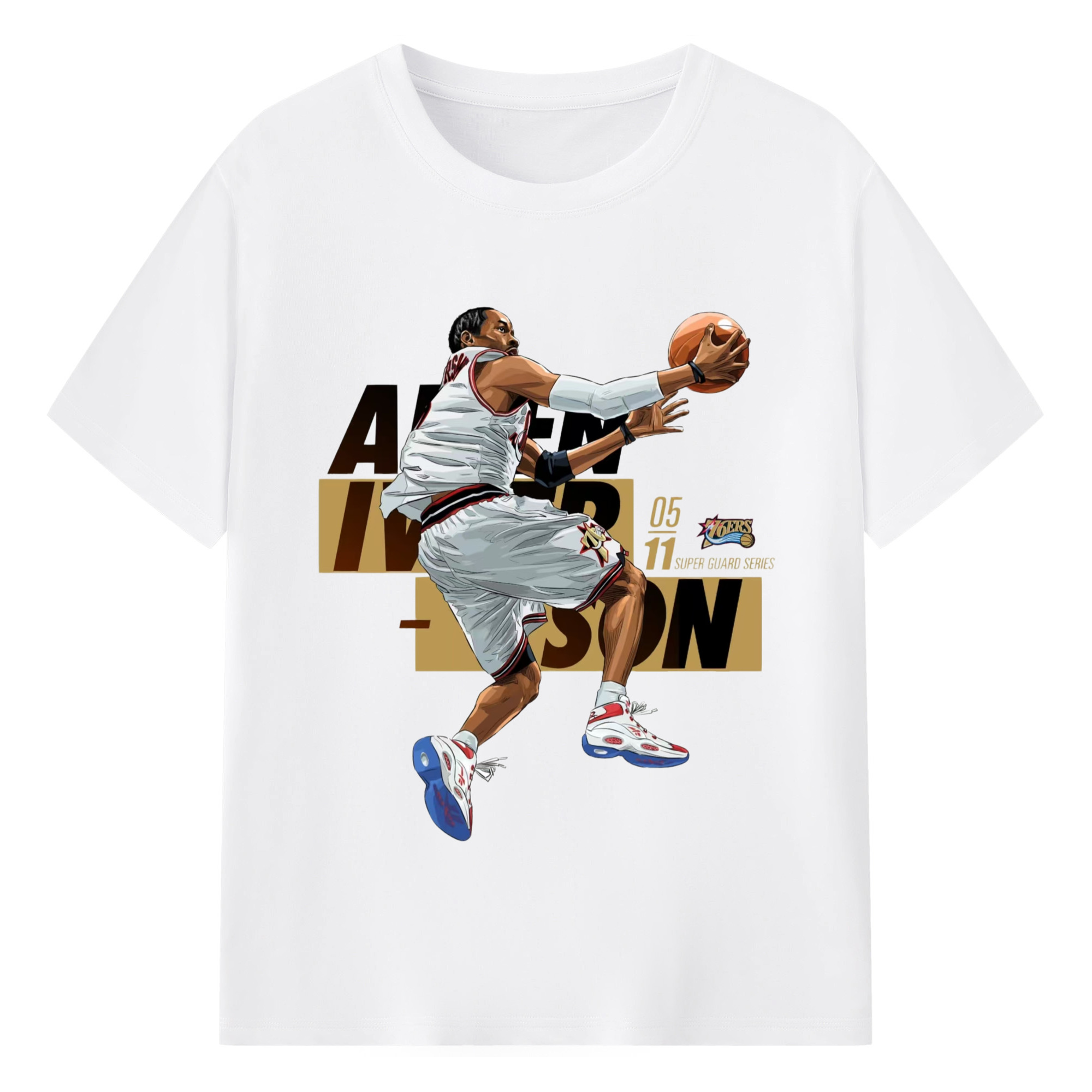 Allen Iverson 76ers cartoon reverse lay-up Art T-shirt - 180g Cotton T-Shirt With Front Heat Transfer Print – Soft, Lightweight, Fitted Design – Comfortable Casual Wear For Sports & Everyday Use