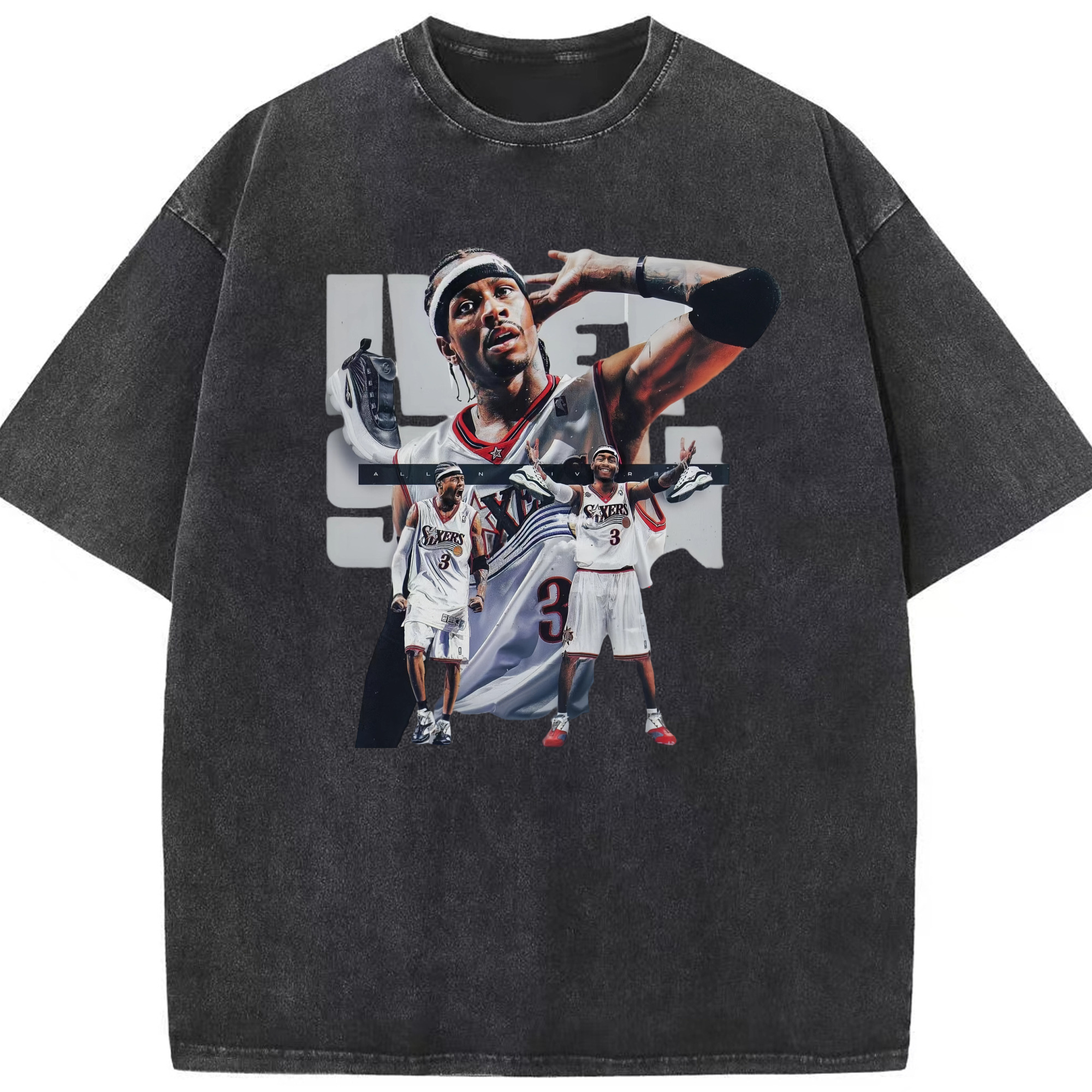 Allen Iverson  ‘Listen to the answer’ Graphic 76ers T-shirt - Washed Vintage Look 230g Cotton Oversized T-Shirt With Front Heat Transfer Print – Soft, Lightweight, Stylish Fit – Comfortable Casual Wear For Sports & Everyday Use