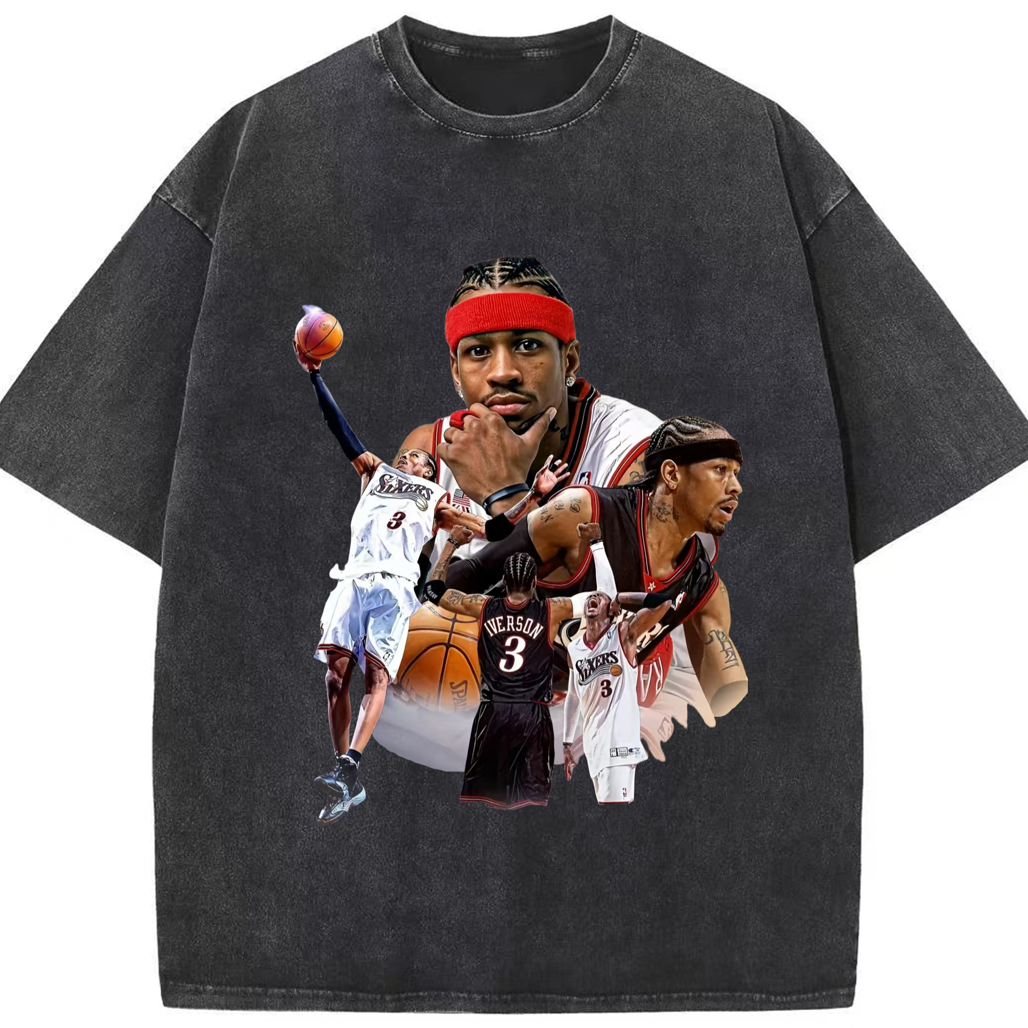 Allen Iverson 76ers #3 celebratory gesture T-shirt - Washed Vintage Look 230g Cotton Oversized T-Shirt With Front Heat Transfer Print – Soft, Lightweight, Stylish Fit – Comfortable Casual Wear For Sports & Everyday Use
