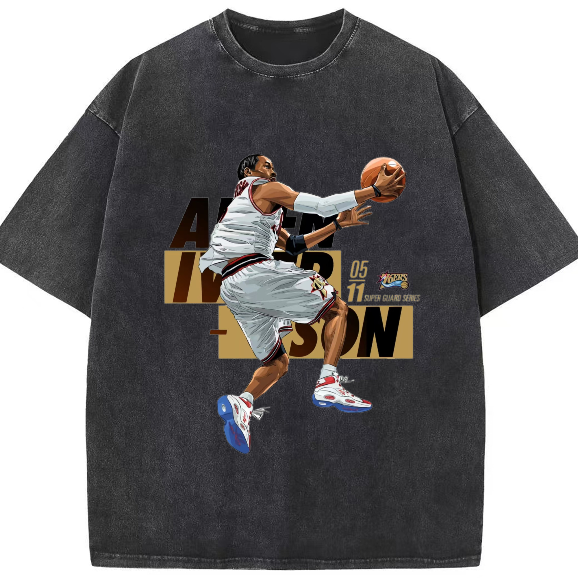 Allen Iverson 76ers cartoon reverse lay-up Art T-shirt - Washed Vintage Look 230g Cotton Oversized T-Shirt With Front Heat Transfer Print – Soft, Lightweight, Stylish Fit – Comfortable Casual Wear For Sports & Everyday Use