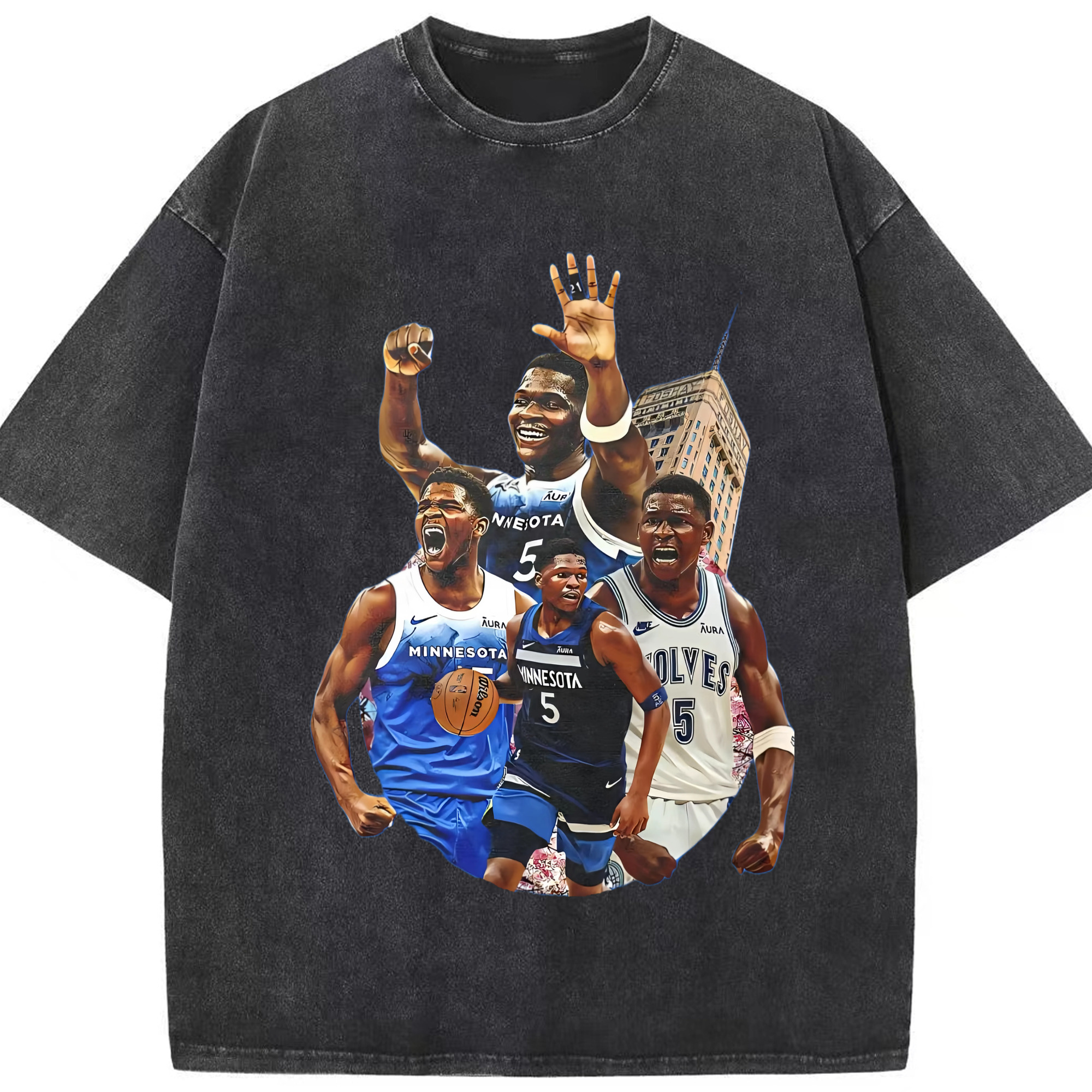 Anthony Edwards #5 t-shirt - Washed Vintage Look 230g Cotton Oversized T-Shirt With Front Heat Transfer Print – Soft, Lightweight, Stylish Fit – Comfortable Casual Wear For Sports & Everyday Use