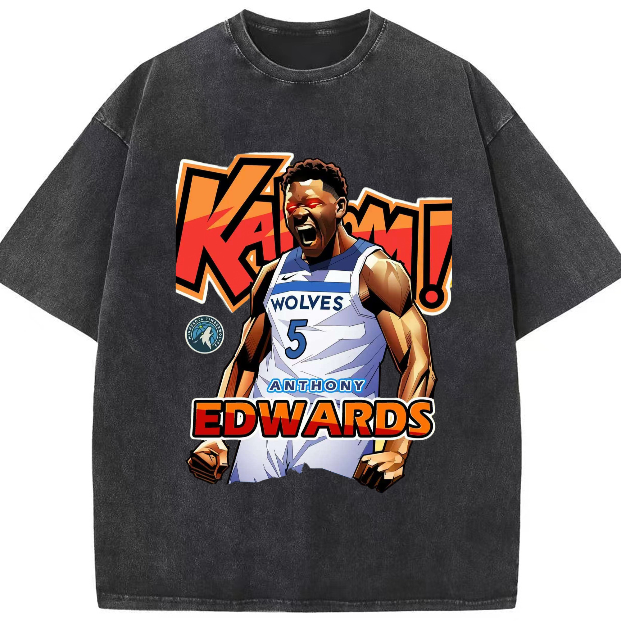 Anthony Edwards roar kaboom t-shirt - Washed Vintage Look 230g Cotton Oversized T-Shirt With Front Heat Transfer Print – Soft, Lightweight, Stylish Fit – Comfortable Casual Wear For Sports & Everyday Use