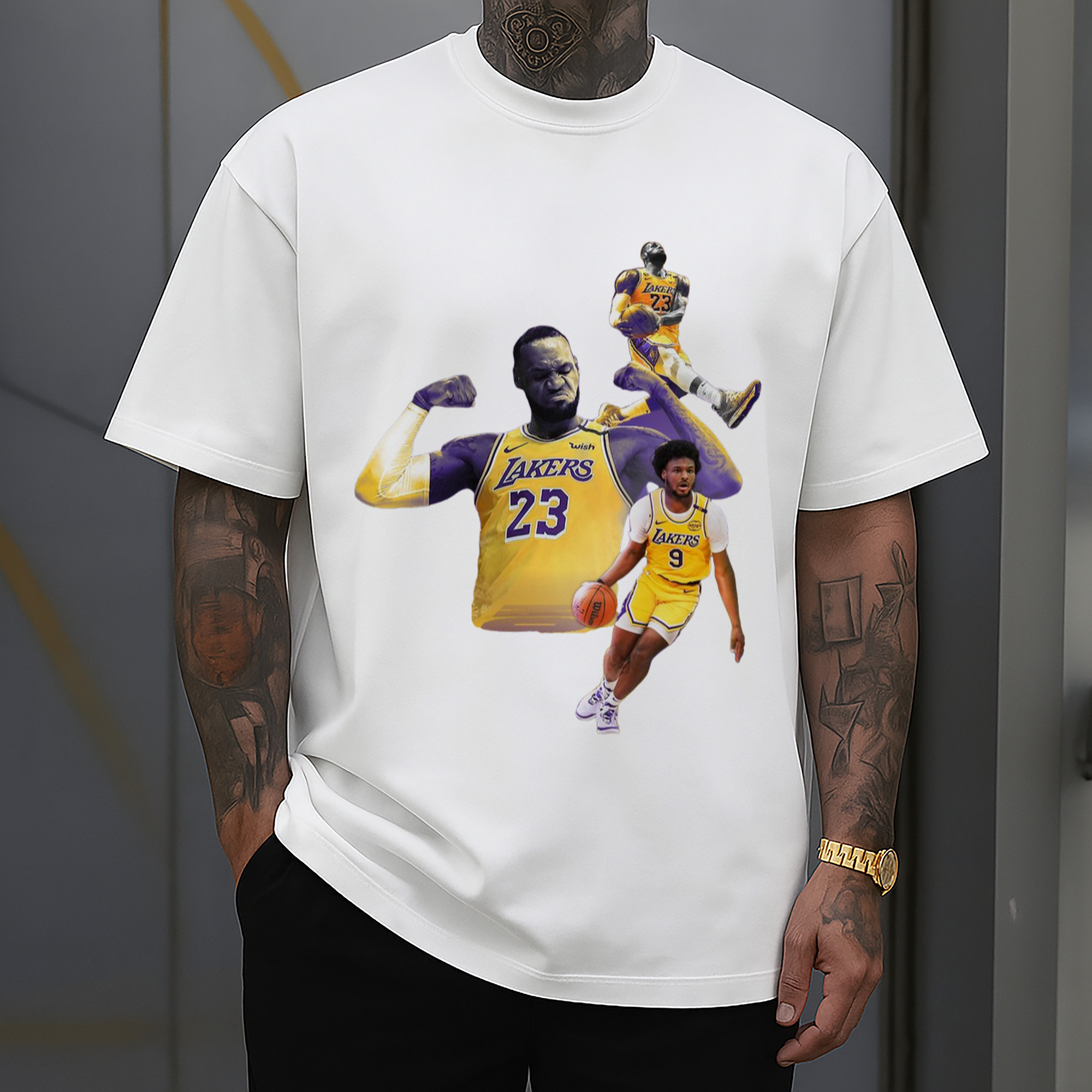 Bronny James #9 and Lebron James #23 Lakers T-Shirt