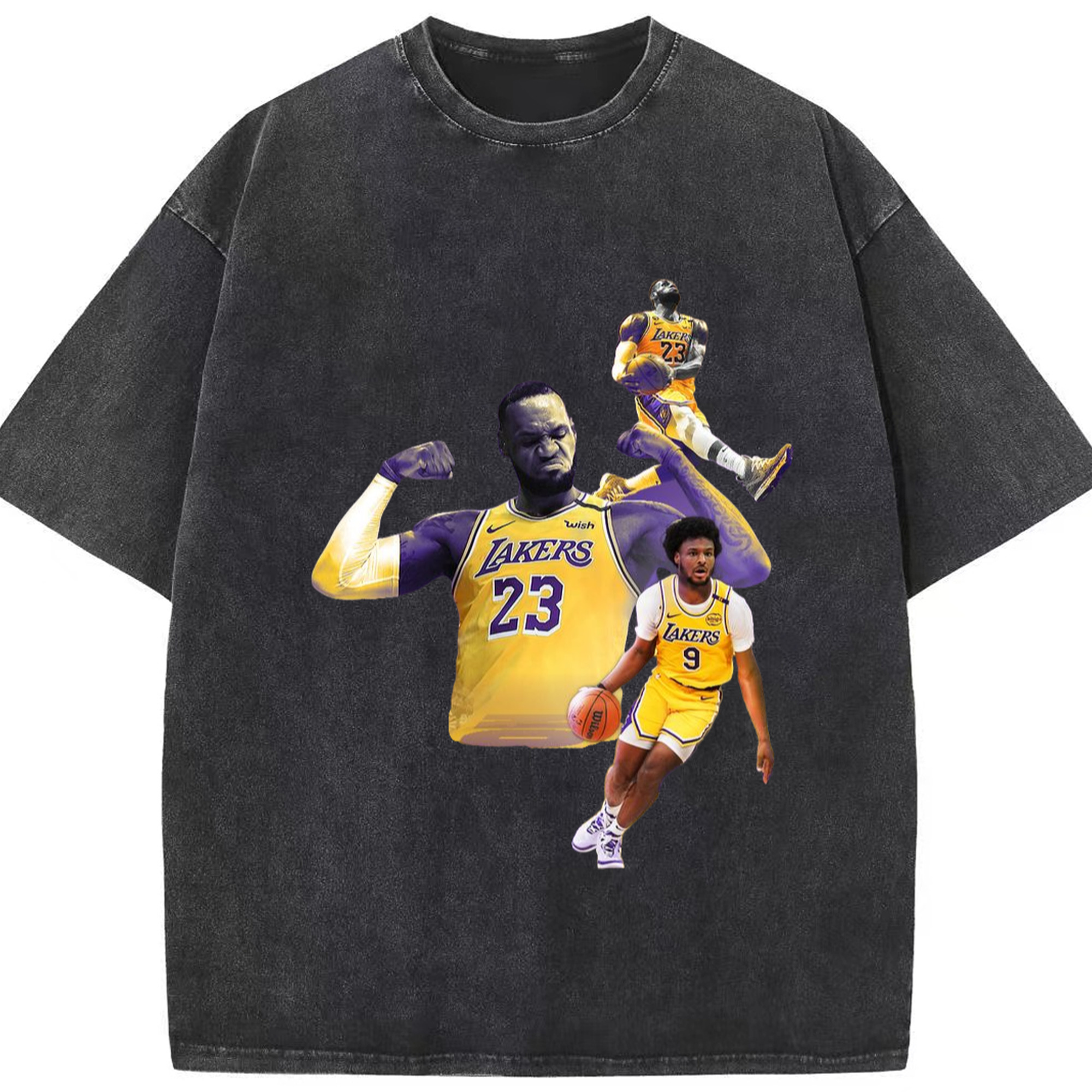 Bronny James #9 and Lebron James #23 Lakers T-Shirt - Washed Vintage Look 230g Cotton Oversized T-Shirt With Front Heat Transfer Print – Soft, Lightweight, Stylish Fit – Comfortable Casual Wear For Sports & Everyday Use