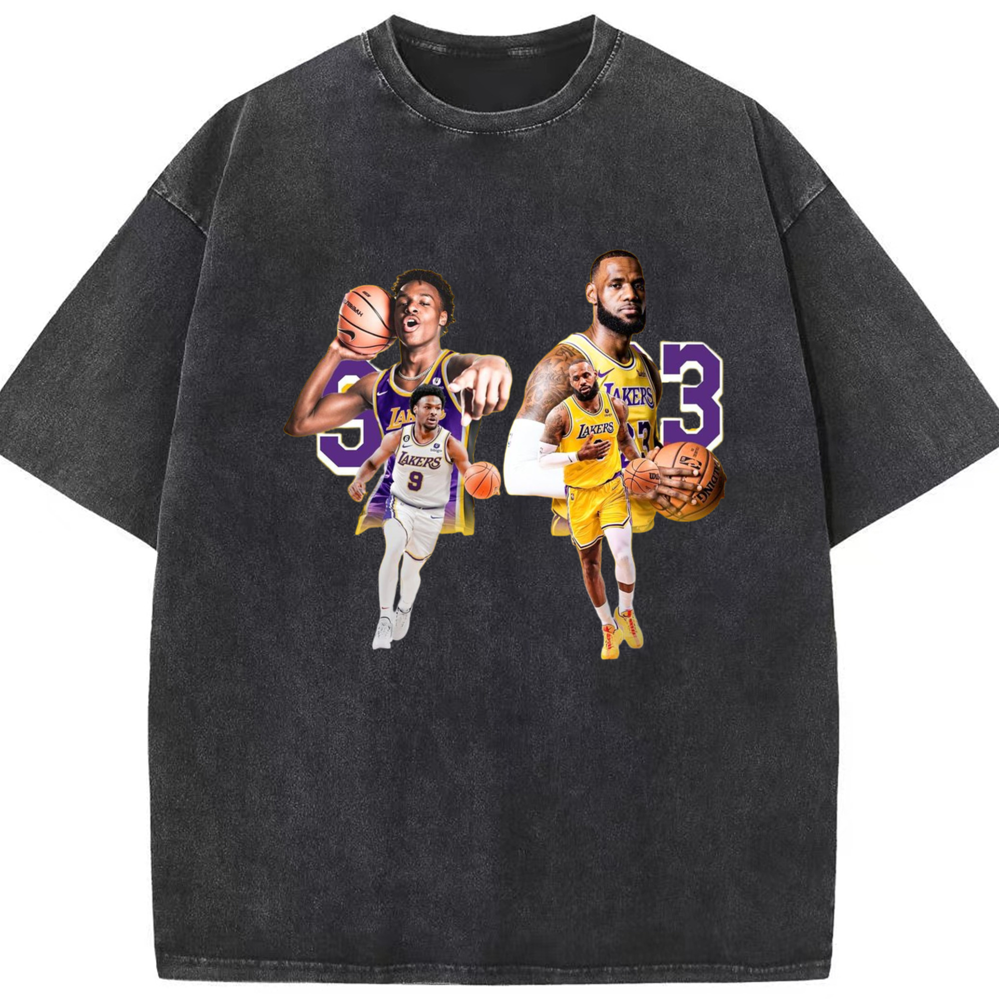Lebron James and Bronny James Lakers ball control T-Shirt - Washed Vintage Look 230g Cotton Oversized T-Shirt With Front Heat Transfer Print – Soft, Lightweight, Stylish Fit – Comfortable Casual Wear For Sports & Everyday Use