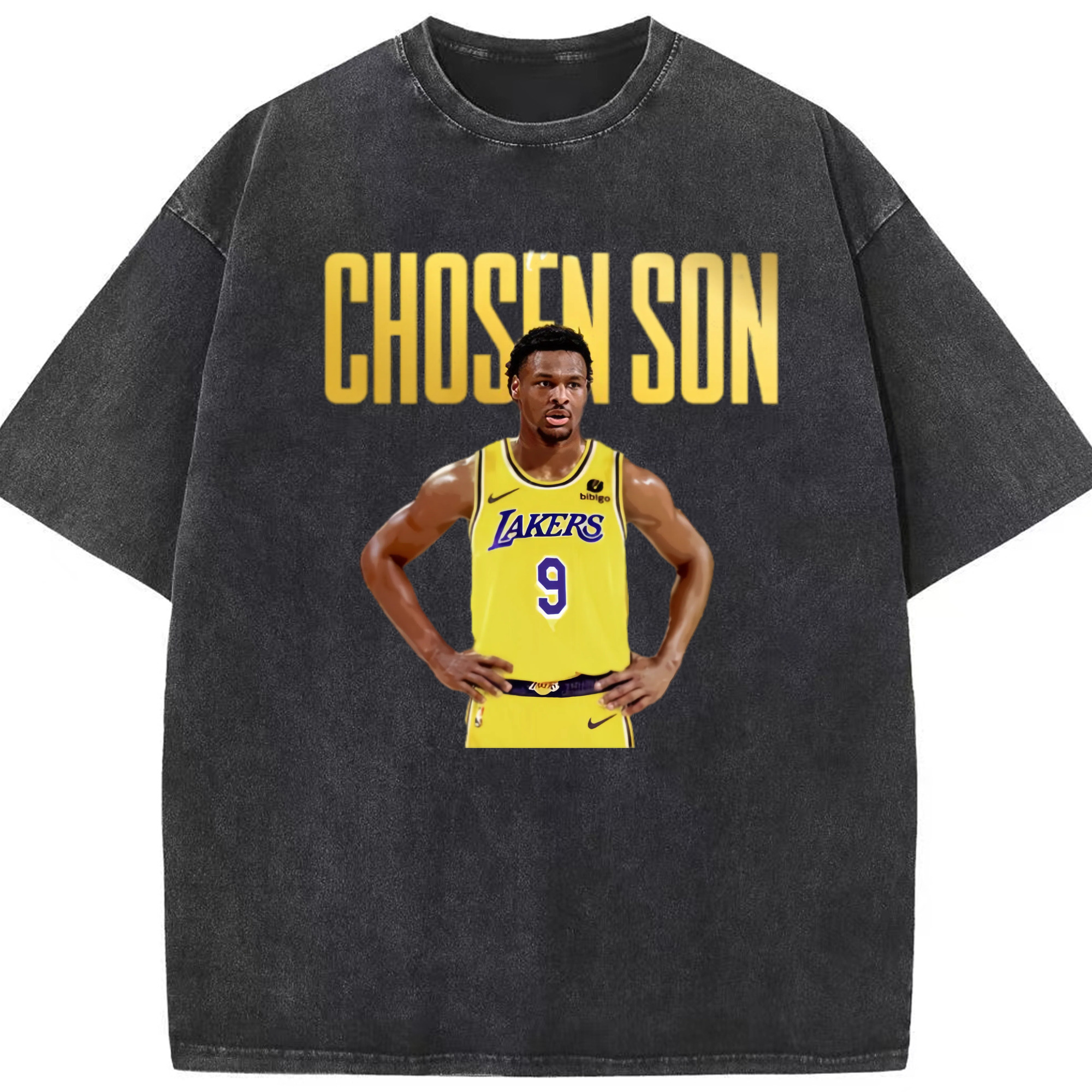 Bronny James #9 Lakers ' Chosen Son‘ graphic T-shirt - Washed Vintage Look 230g Cotton Oversized T-Shirt With Front Heat Transfer Print – Soft, Lightweight, Stylish Fit – Comfortable Casual Wear For Sports & Everyday Use