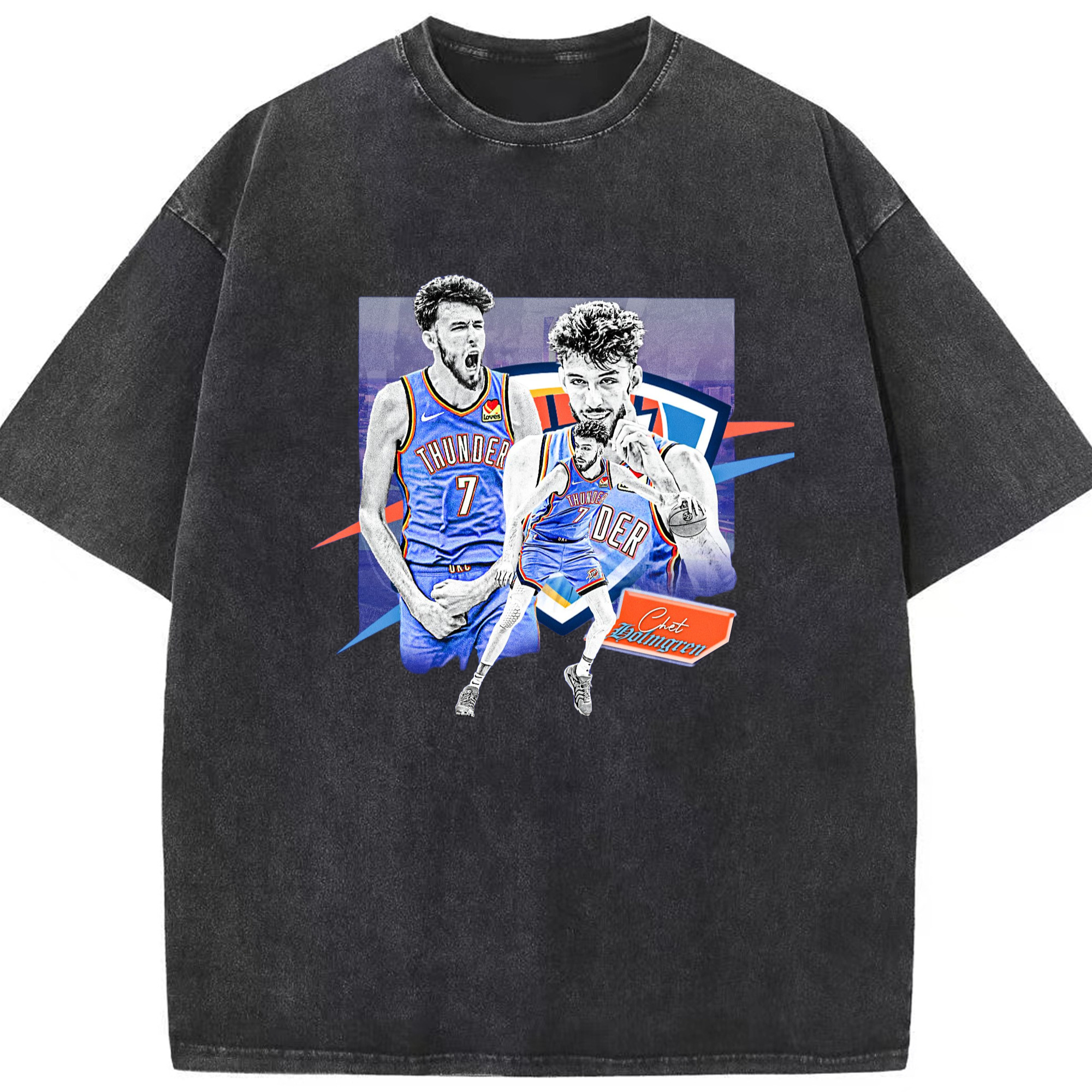 Chet Holmgren OKC Thunder T-shirt - Washed Vintage Look 230g Cotton Oversized T-Shirt With Front Heat Transfer Print – Soft, Lightweight, Stylish Fit – Comfortable Casual Wear For Sports & Everyday Use