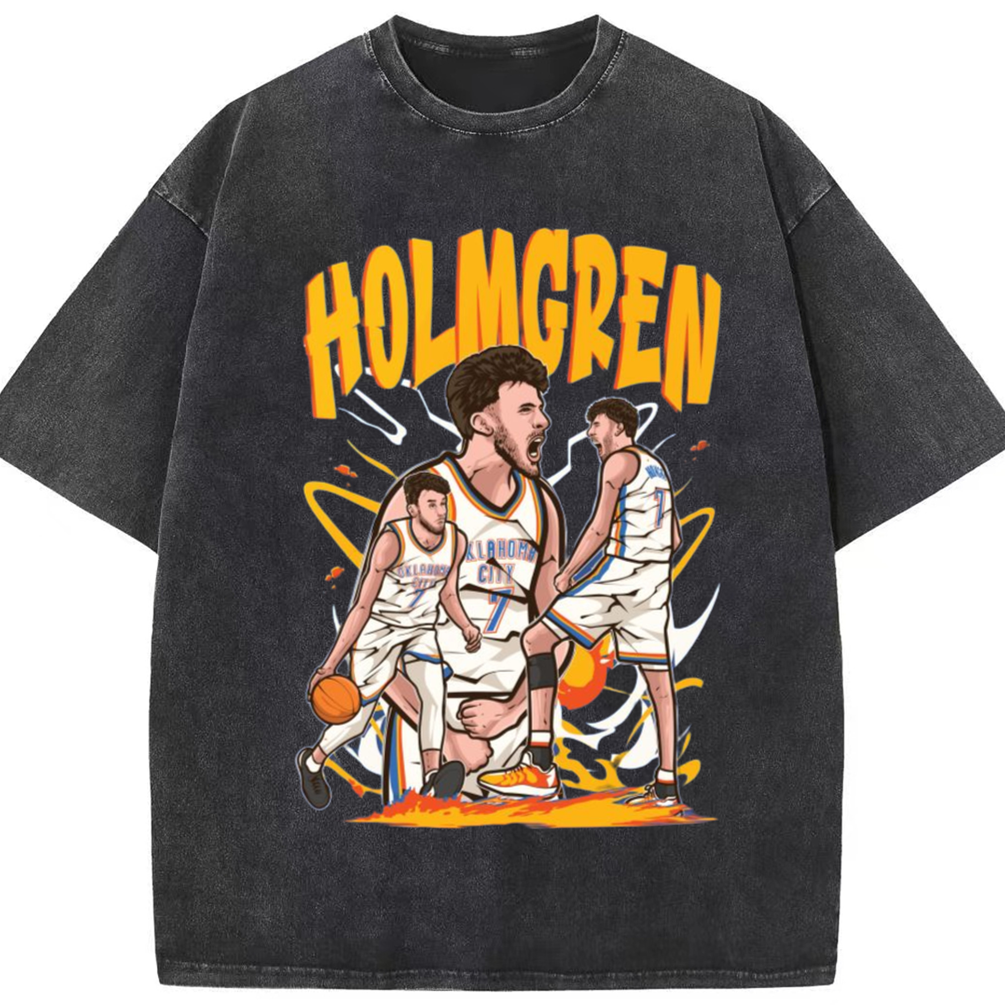 Chet Holmgren OKC Thunder Comic style T-shirt - Washed Vintage Look 230g Cotton Oversized T-Shirt With Front Heat Transfer Print – Soft, Lightweight, Stylish Fit – Comfortable Casual Wear For Sports & Everyday Use
