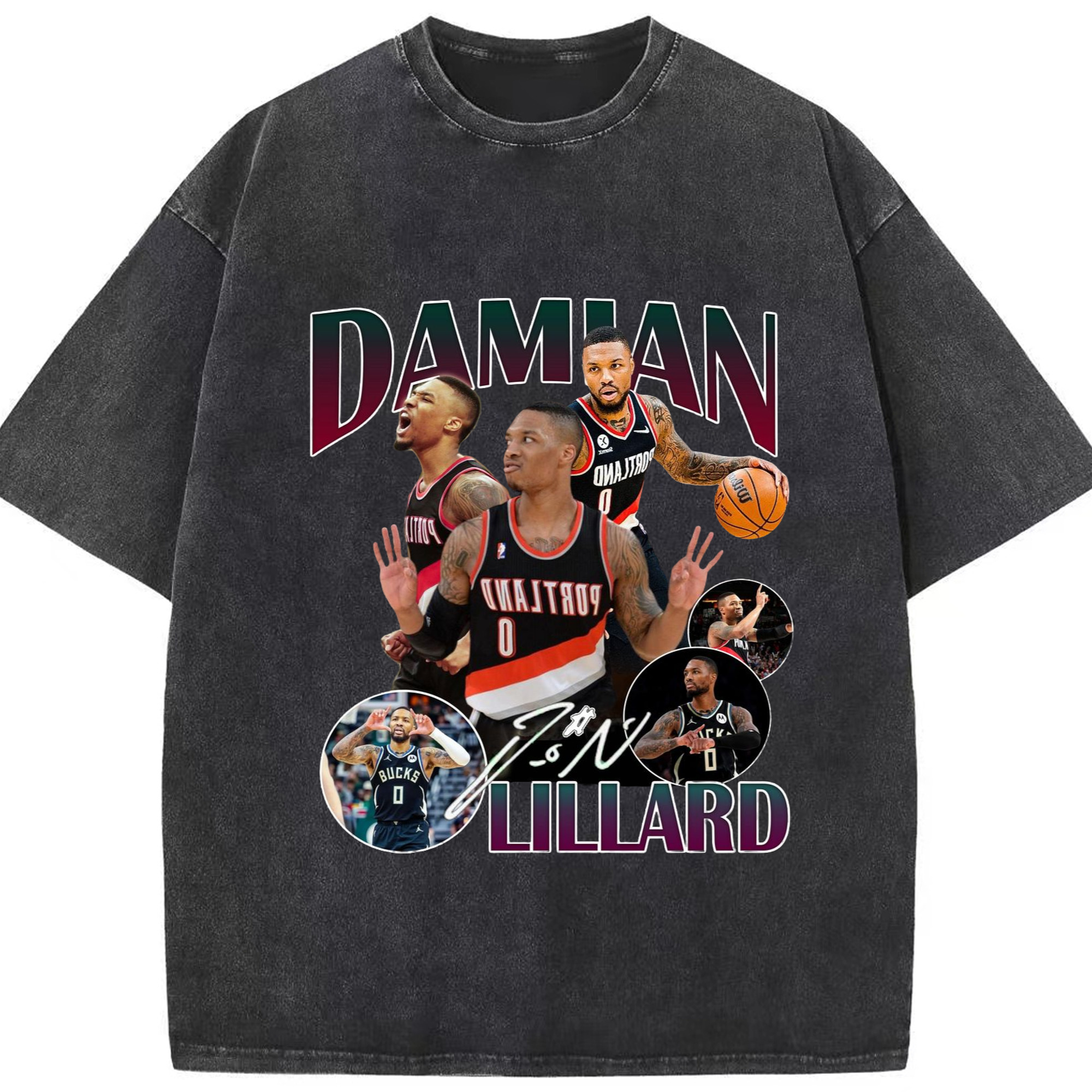Damian Lillard Collage Graphic Tee - Washed Vintage Look 230g Cotton Oversized T-Shirt With Front Heat Transfer Print – Soft, Lightweight, Stylish Fit – Comfortable Casual Wear For Sports & Everyday Use