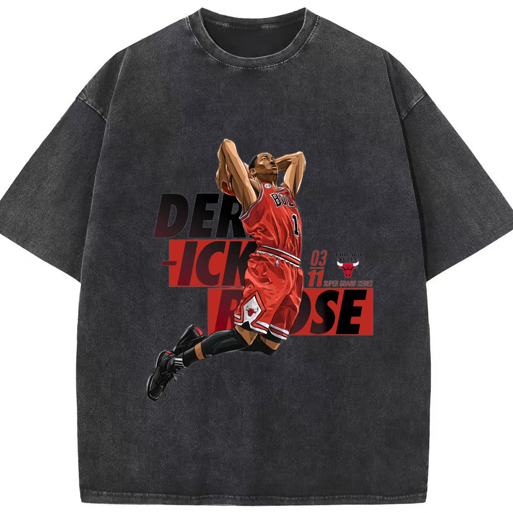 Chicago Bulls Derrick Rose dank T-shirt - Washed Vintage Look 230g Cotton Oversized T-Shirt With Front Heat Transfer Print – Soft, Lightweight, Stylish Fit – Comfortable Casual Wear For Sports & Everyday Use