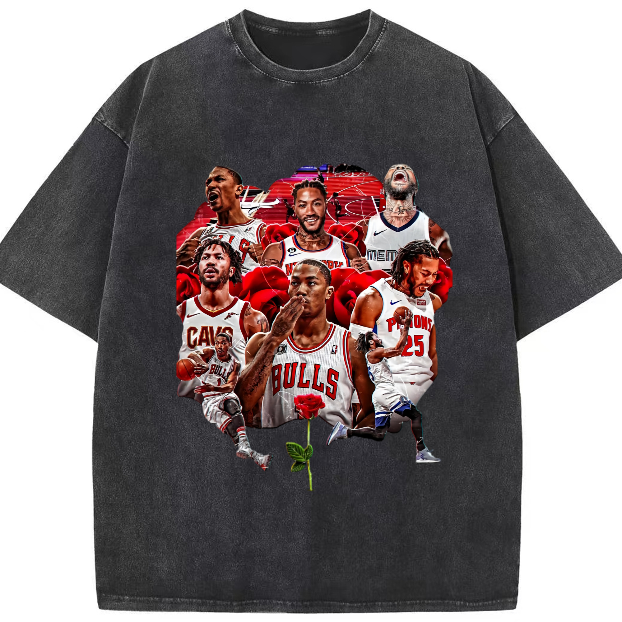 Derrick Rose #1 T-shirt - Washed Vintage Look 230g Cotton Oversized T-Shirt With Front Heat Transfer Print – Soft, Lightweight, Stylish Fit – Comfortable Casual Wear For Sports & Everyday Use