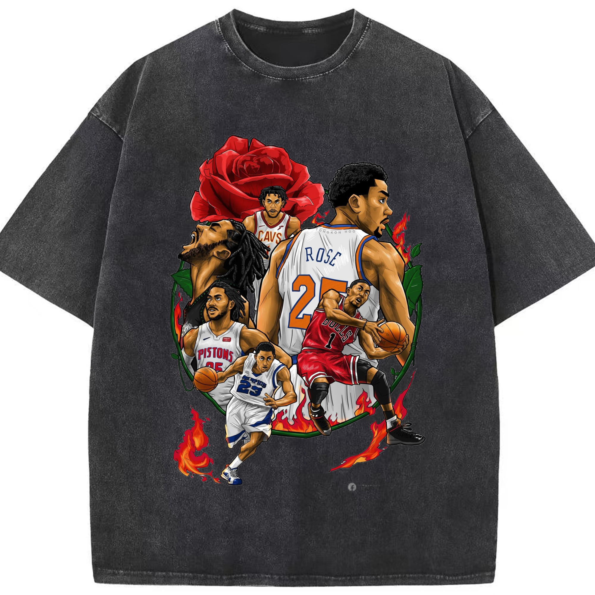 Chicago Bulls Derrick Rose Watermark style t-shit - Washed Vintage Look 230g Cotton Oversized T-Shirt With Front Heat Transfer Print – Soft, Lightweight, Stylish Fit – Comfortable Casual Wear For Sports & Everyday Use