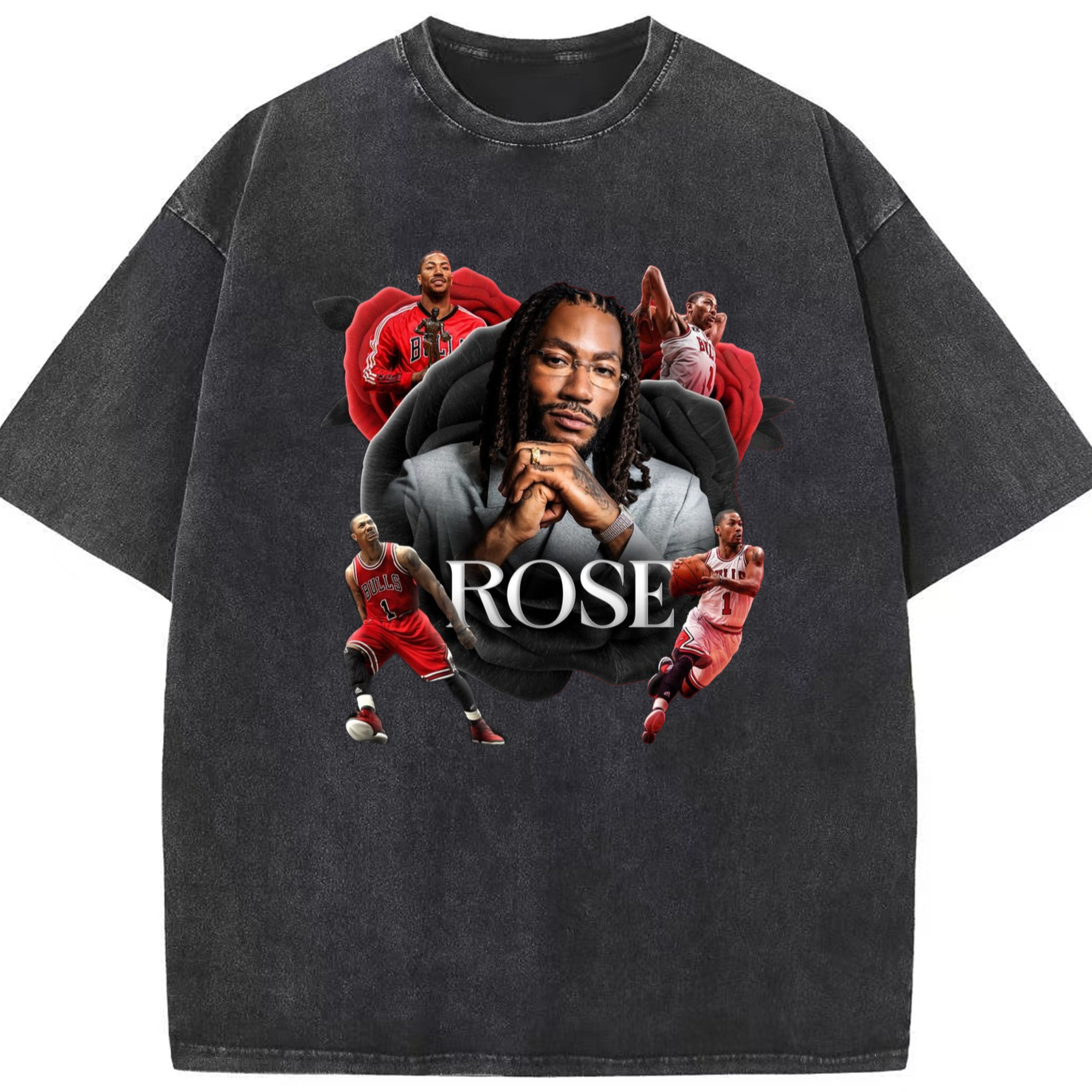 Derrick Rose the Flower Rose graphic T-shirt - Washed Vintage Look 230g Cotton Oversized T-Shirt With Front Heat Transfer Print – Soft, Lightweight, Stylish Fit – Comfortable Casual Wear For Sports & Everyday Use