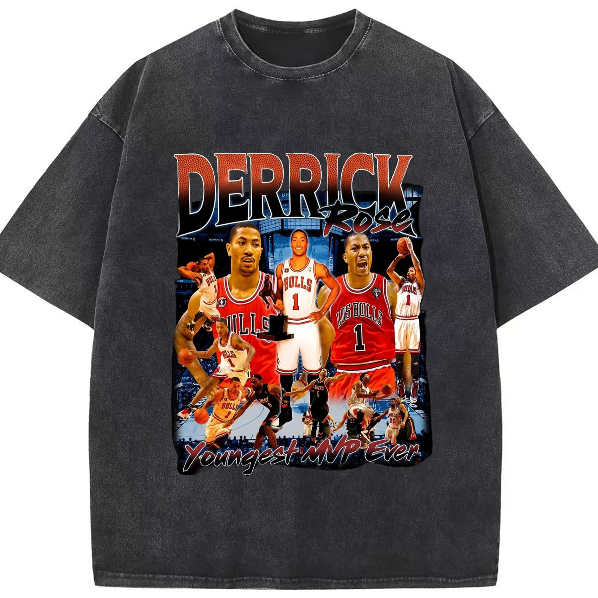 Derrick Rose youngest Mvp T-shirt - Washed Vintage Look 230g Cotton Oversized T-Shirt With Front Heat Transfer Print – Soft, Lightweight, Stylish Fit – Comfortable Casual Wear For Sports & Everyday Use