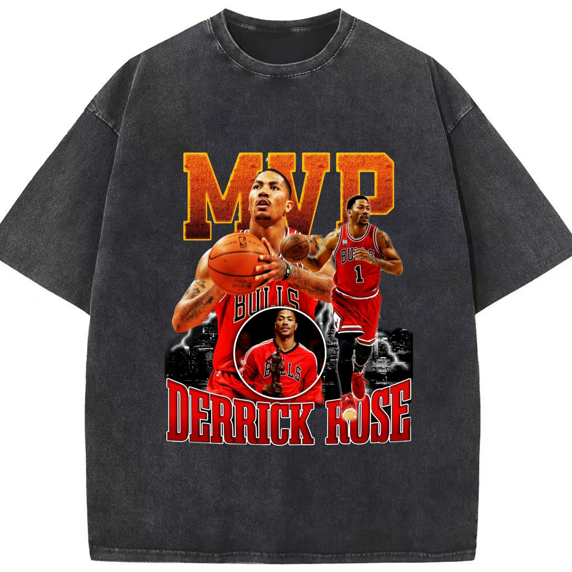 Derrick Rose Chicago Bulls Mvp T-shirt - Washed Vintage Look 230g Cotton Oversized T-Shirt With Front Heat Transfer Print – Soft, Lightweight, Stylish Fit – Comfortable Casual Wear For Sports & Everyday Use