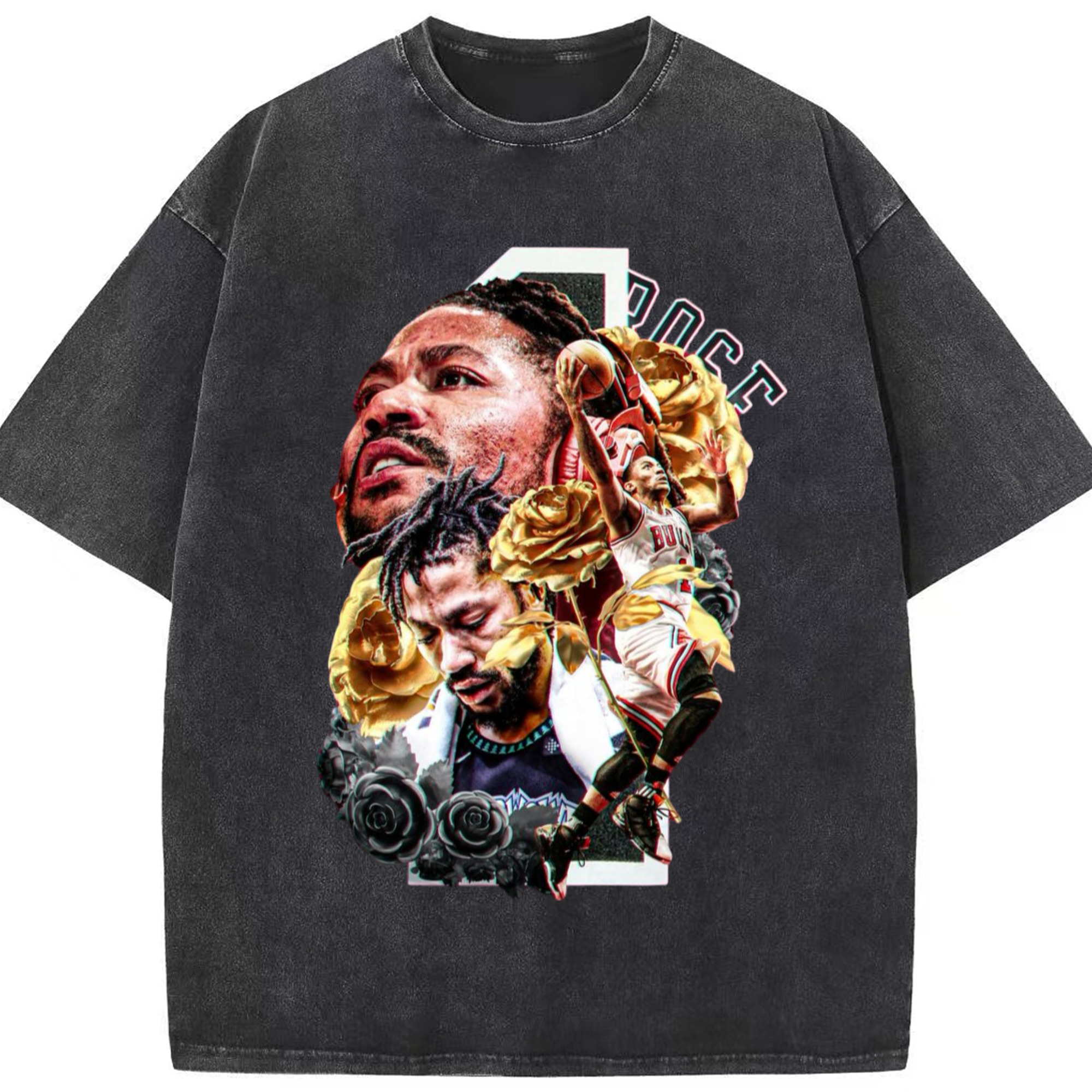 Derrick Rose ‘Roses never die’T-shirt - Washed Vintage Look 230g Cotton Oversized T-Shirt With Front Heat Transfer Print – Soft, Lightweight, Stylish Fit – Comfortable Casual Wear For Sports & Everyday Use