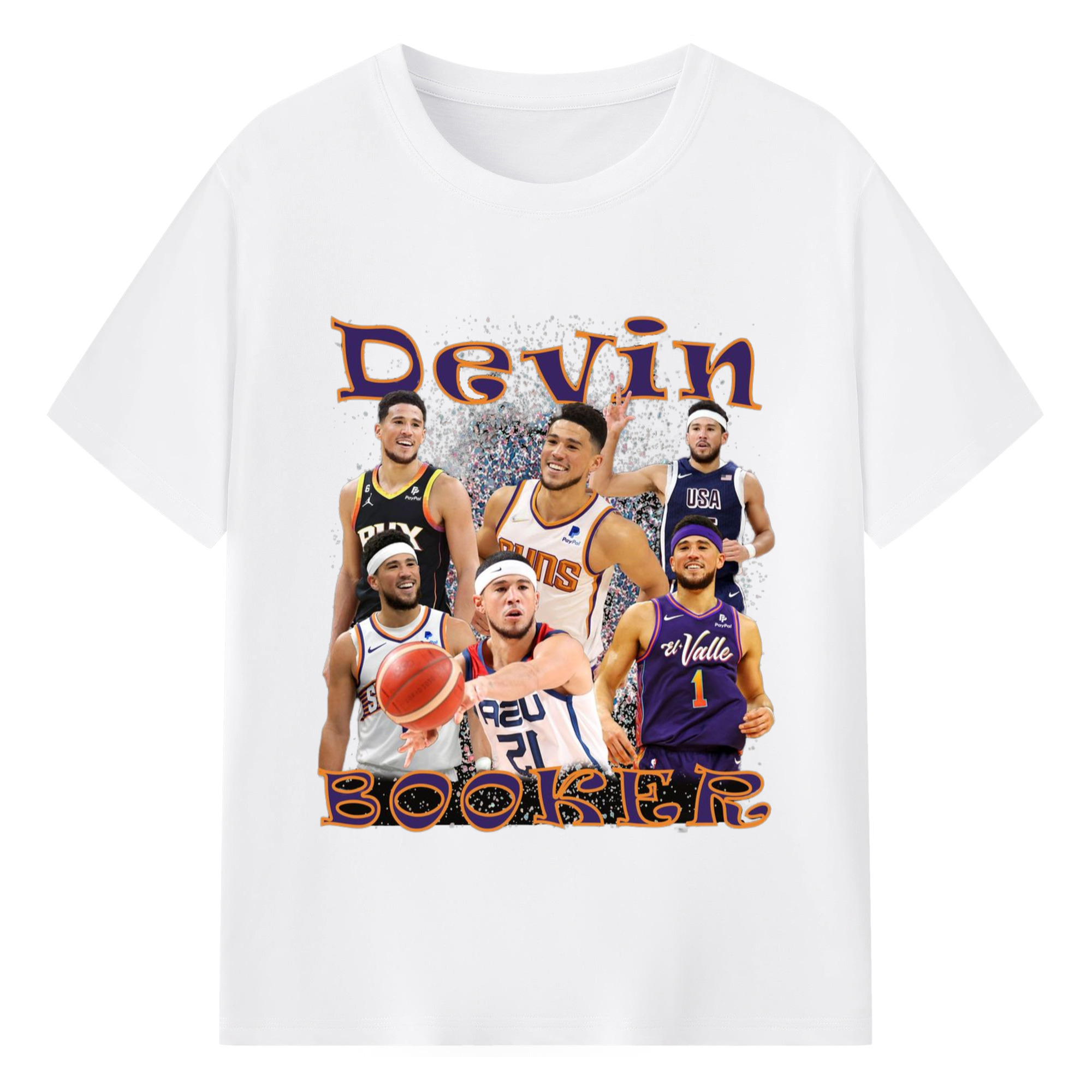 Devin Booker #1 Collage graphic T‑Shirt - 180g Cotton T-Shirt With Front Heat Transfer Print – Soft, Lightweight, Fitted Design – Comfortable Casual Wear For Sports & Everyday Use