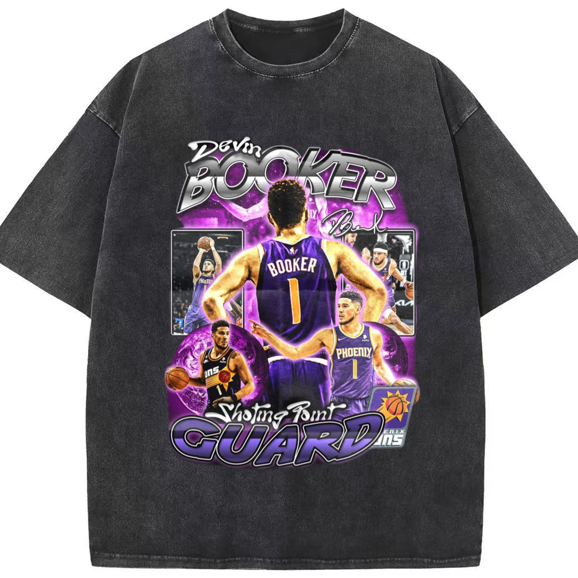 Devin Booker #1 Suns Shooting Point Guard Graphic Tee - Washed Vintage Look 230g Cotton Oversized T-Shirt With Front Heat Transfer Print – Soft, Lightweight, Stylish Fit – Comfortable Casual Wear For Sports & Everyday Use