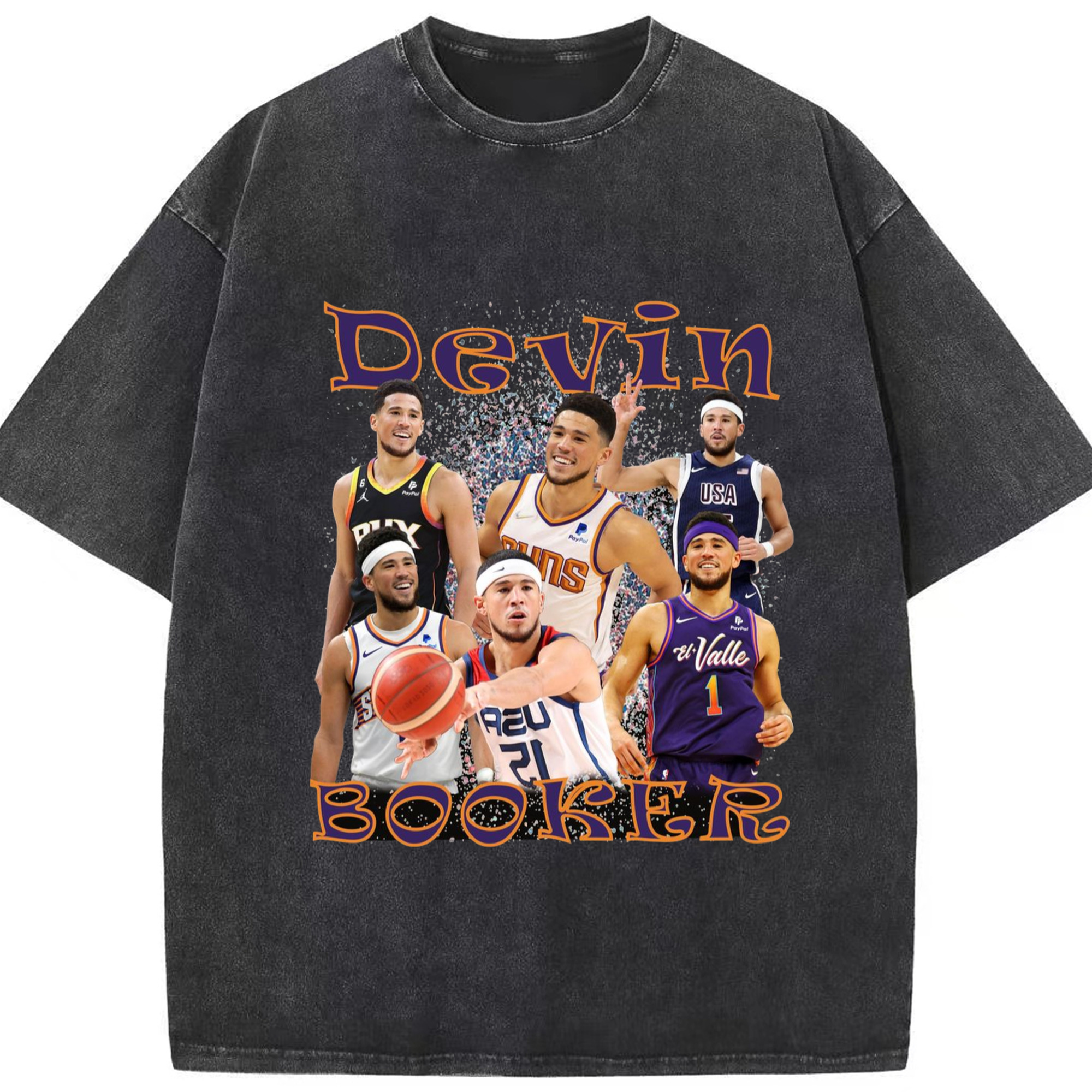 Devin Booker #1 Collage graphic T‑Shirt - Washed Vintage Look 230g Cotton Oversized T-Shirt With Front Heat Transfer Print – Soft, Lightweight, Stylish Fit – Comfortable Casual Wear For Sports & Everyday Use