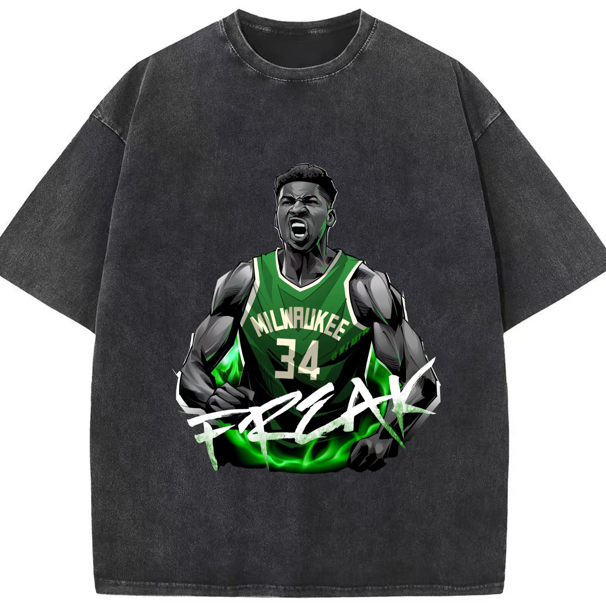 Giannis Antetokounmpo #34 T-shirt - Washed Vintage Look 230g Cotton Oversized T-Shirt With Front Heat Transfer Print – Soft, Lightweight, Stylish Fit – Comfortable Casual Wear For Sports & Everyday Use