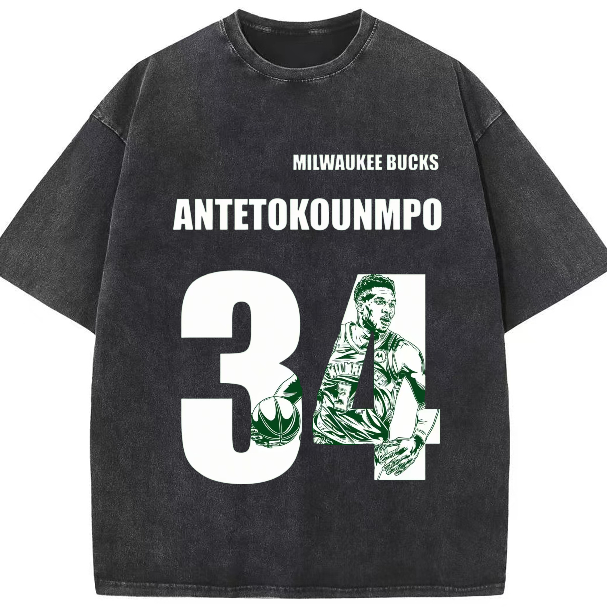 Giannis Antetokounmpo #34 Graphic T-shirt - Washed Vintage Look 230g Cotton Oversized T-Shirt With Front Heat Transfer Print – Soft, Lightweight, Stylish Fit – Comfortable Casual Wear For Sports & Everyday Use