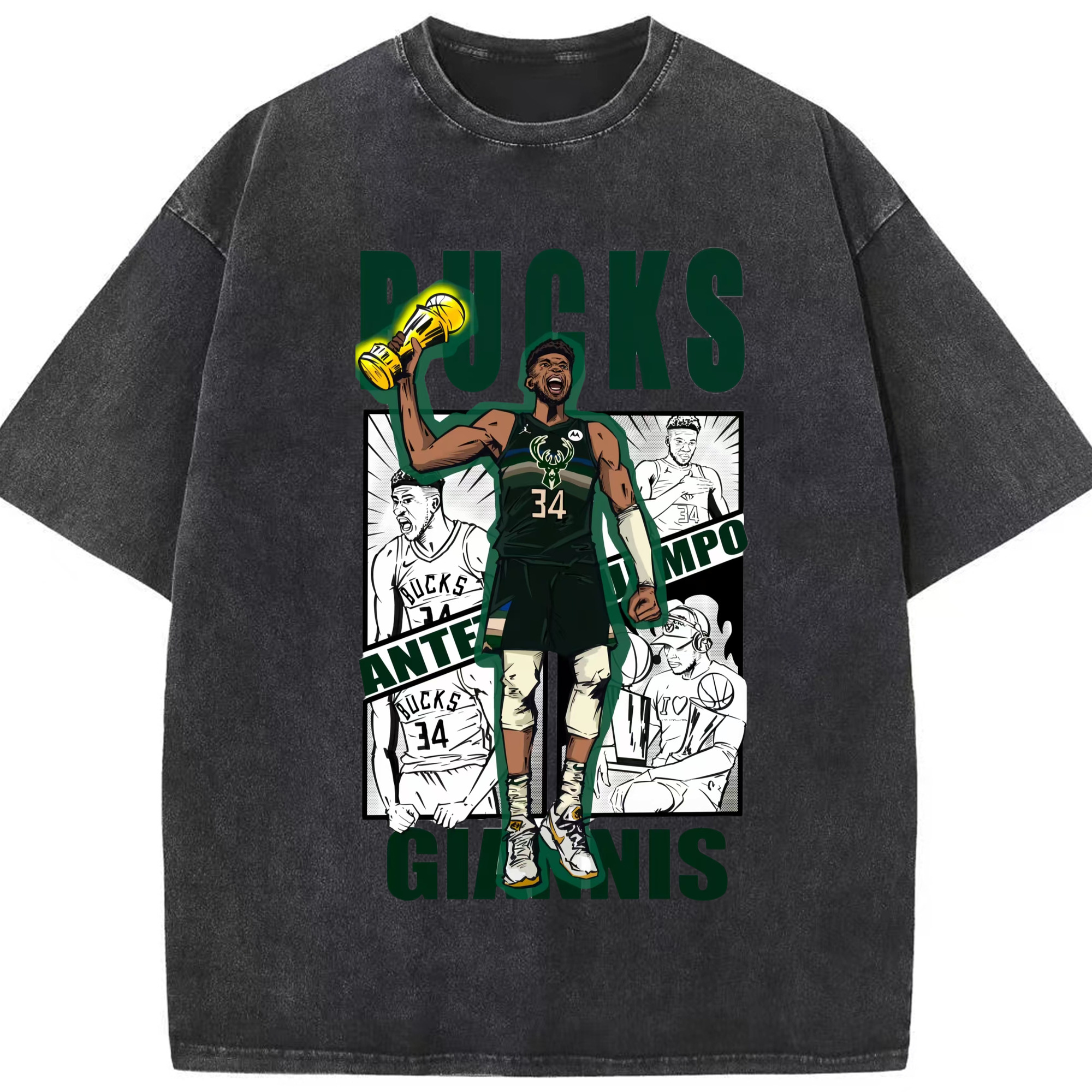 Giannis Antetokounmpo Bucks Finals FMVP T-shirt - Washed Vintage Look 230g Cotton Oversized T-Shirt With Front Heat Transfer Print – Soft, Lightweight, Stylish Fit – Comfortable Casual Wear For Sports & Everyday Use