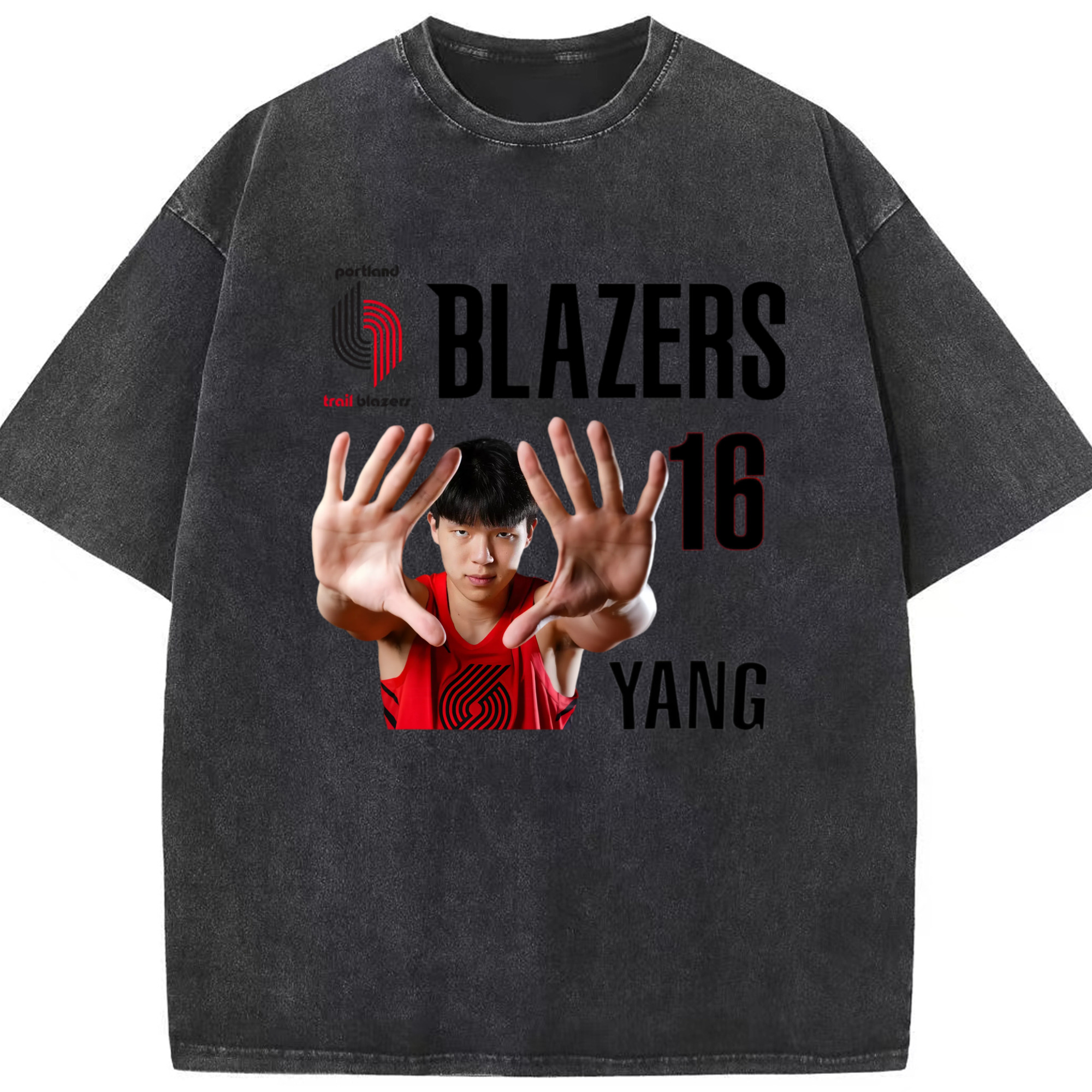 Hansen Yang #16 Blazers ’Show off the big hand‘ T-shirt - Washed Vintage Look 230g Cotton Oversized T-Shirt With Front Heat Transfer Print – Soft, Lightweight, Stylish Fit – Comfortable Casual Wear For Sports & Everyday Use