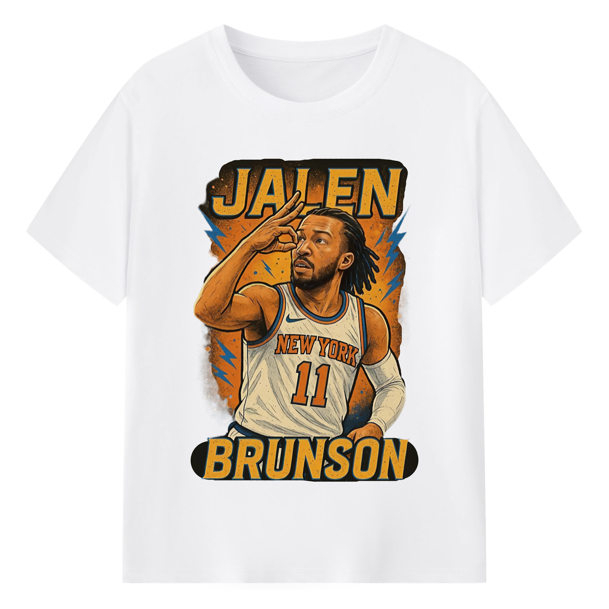 Jalen Brunson Three Point Celebration Cartoon style graphic T‑Shirt - 180g Cotton T-Shirt With Front Heat Transfer Print – Soft, Lightweight, Fitted Design – Comfortable Casual Wear For Sports & Everyday Use
