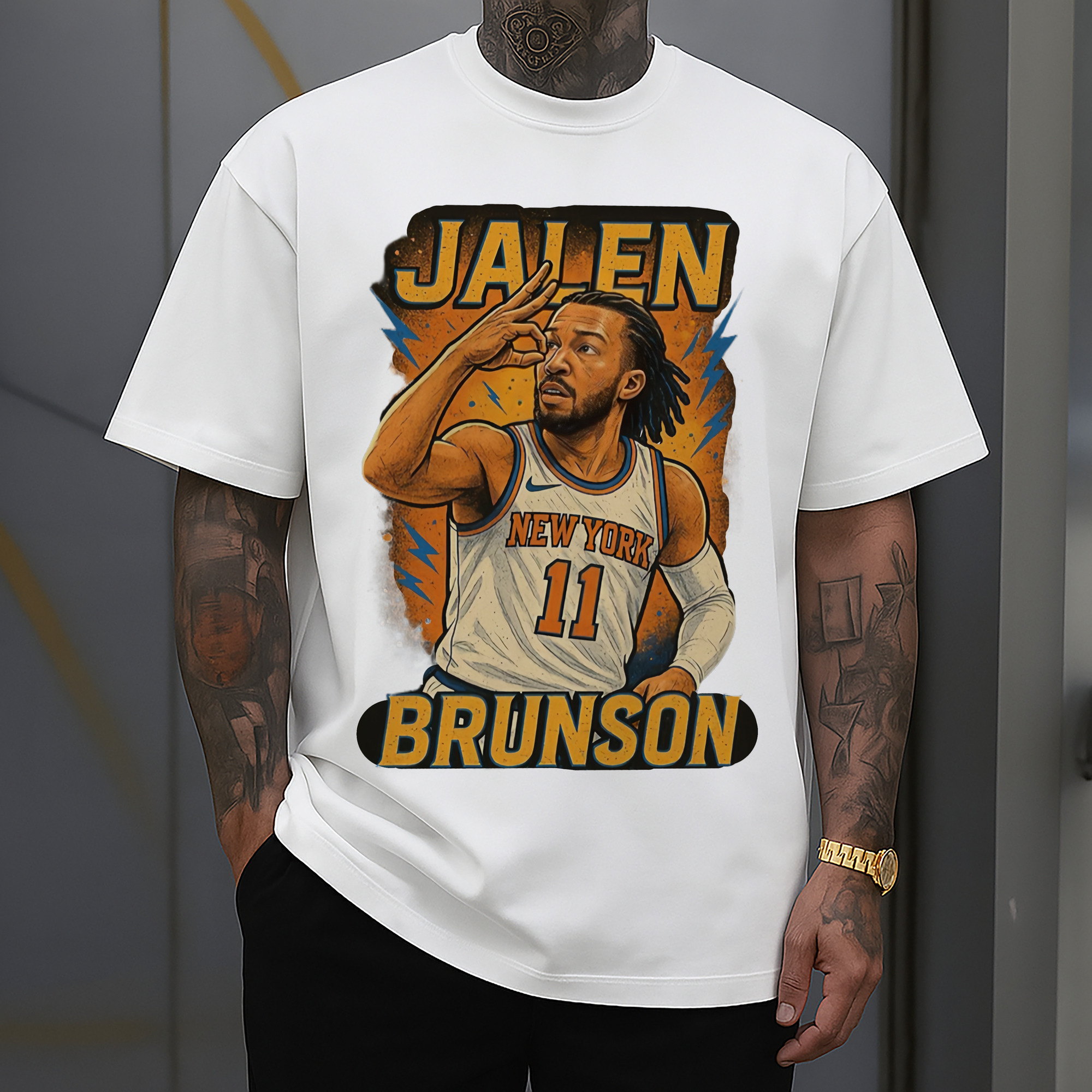 Jalen Brunson Three Point Celebration Cartoon style graphic T‑Shirt