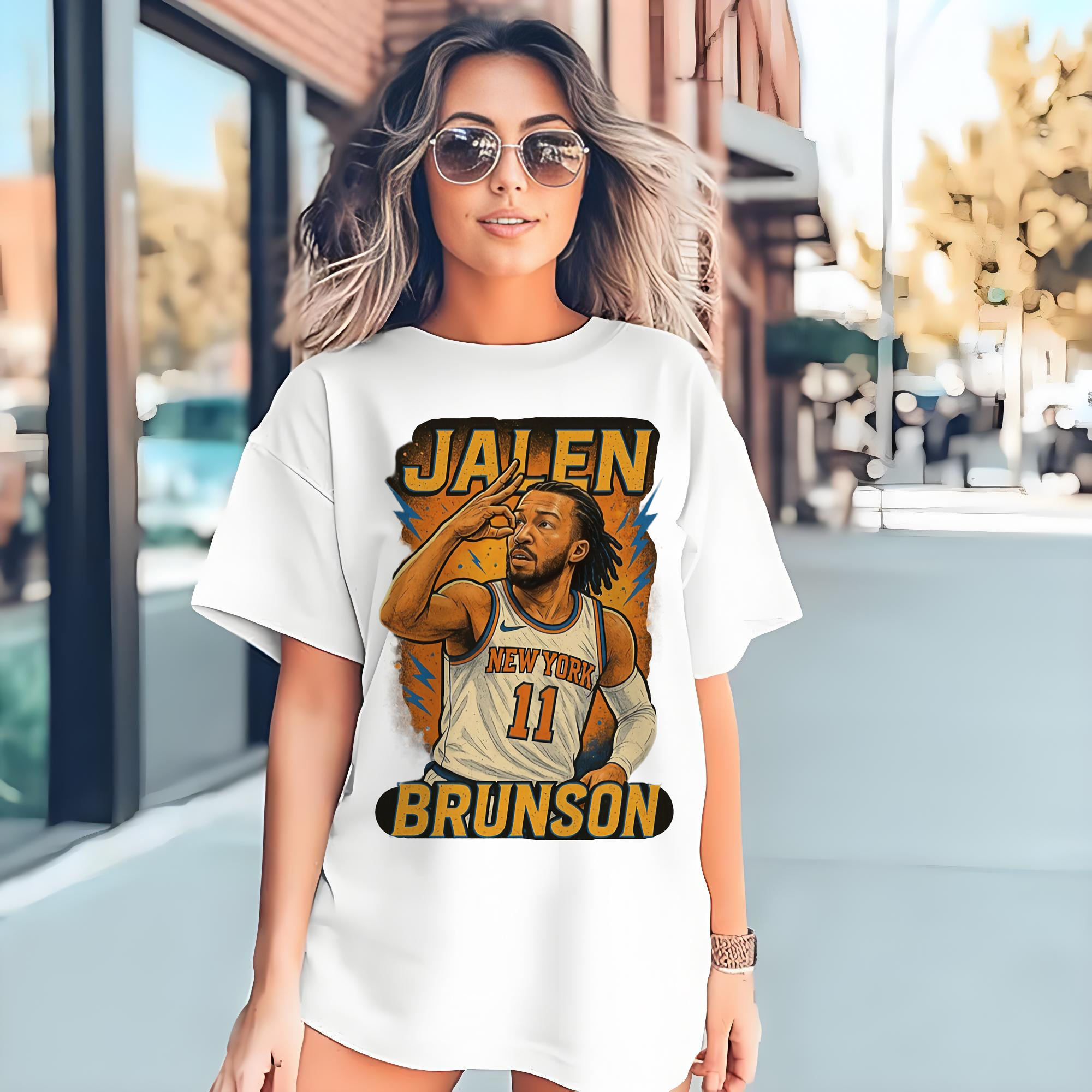 Jalen Brunson Three Point Celebration Cartoon style graphic T‑Shirt