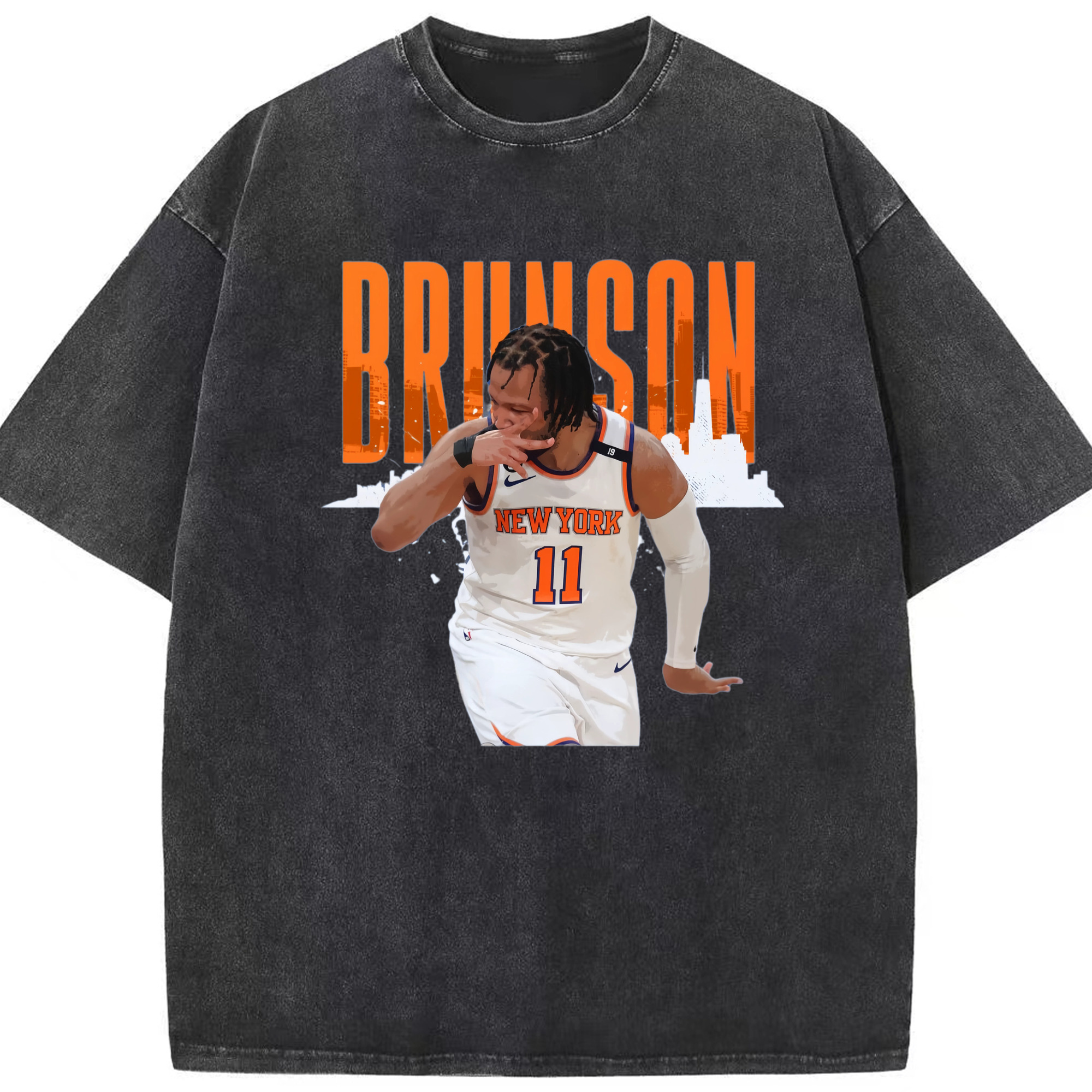 Jalen Brunson Three Point Celebration t-Shirt - Washed Vintage Look 230g Cotton Oversized T-Shirt With Front Heat Transfer Print – Soft, Lightweight, Stylish Fit – Comfortable Casual Wear For Sports & Everyday Use