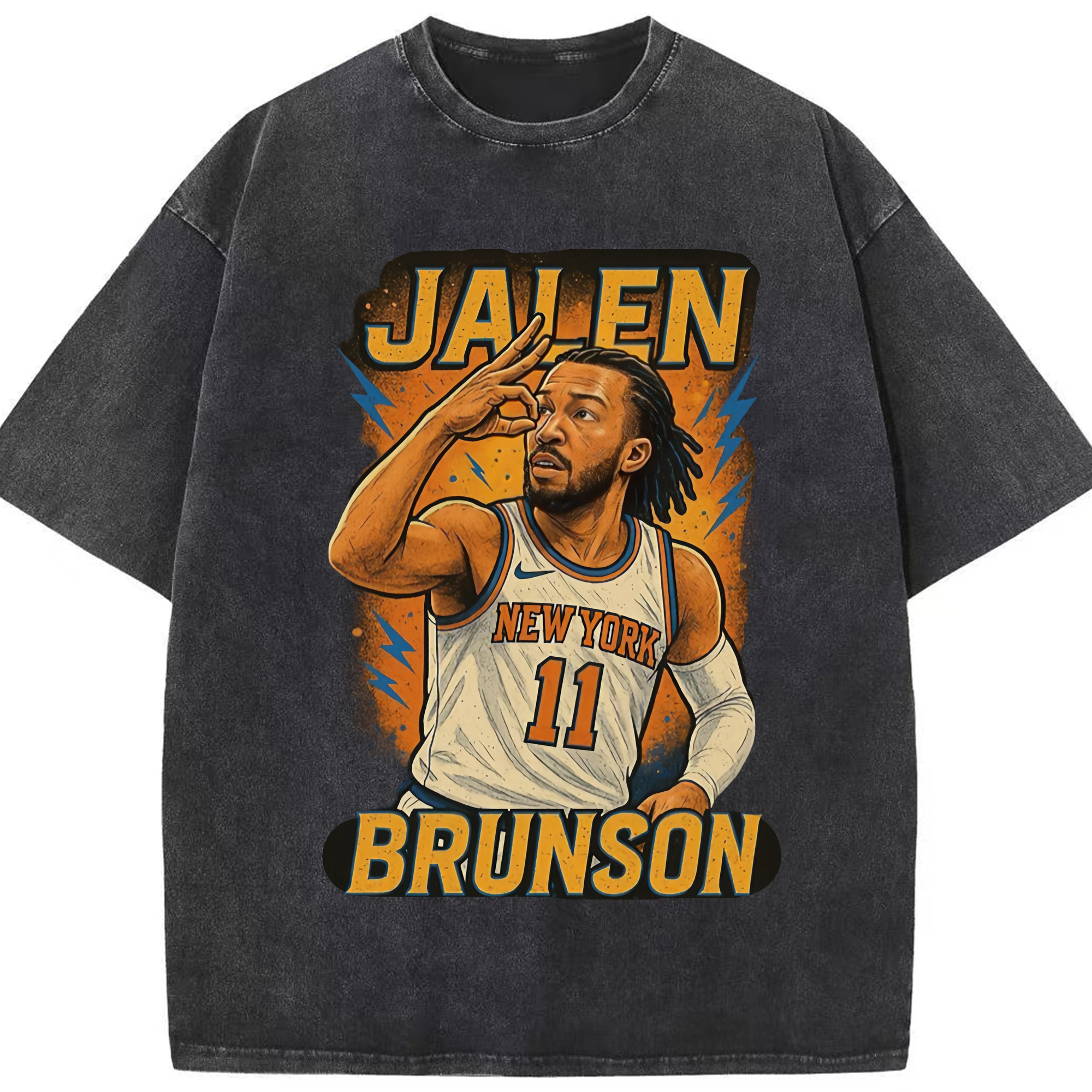 Jalen Brunson Three Point Celebration Cartoon style graphic T‑Shirt - Washed Vintage Look 230g Cotton Oversized T-Shirt With Front Heat Transfer Print – Soft, Lightweight, Stylish Fit – Comfortable Casual Wear For Sports & Everyday Use