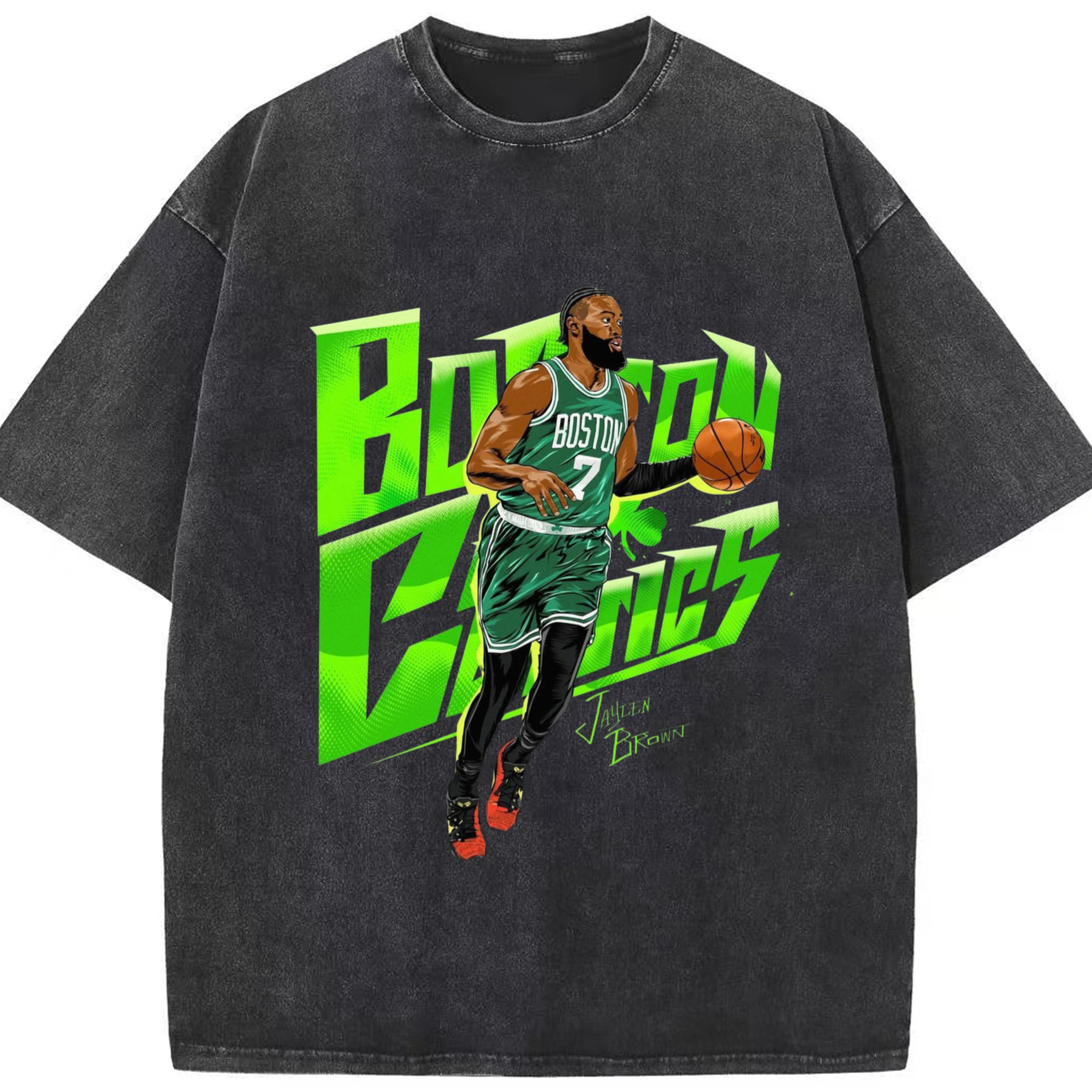 Jaylen Brown Celtics Playmaker Shirt - Washed Vintage Look 230g Cotton Oversized T-Shirt With Front Heat Transfer Print – Soft, Lightweight, Stylish Fit – Comfortable Casual Wear For Sports & Everyday Use