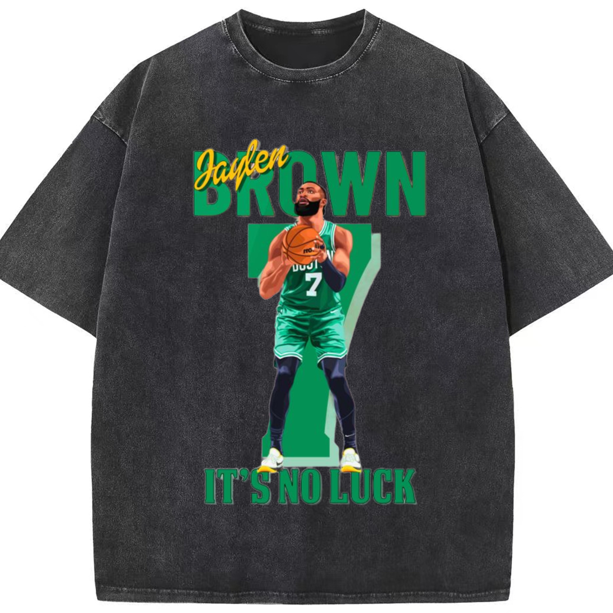 Jaylen Brown #7 Graphic Shirt - Washed Vintage Look 230g Cotton Oversized T-Shirt With Front Heat Transfer Print – Soft, Lightweight, Stylish Fit – Comfortable Casual Wear For Sports & Everyday Use