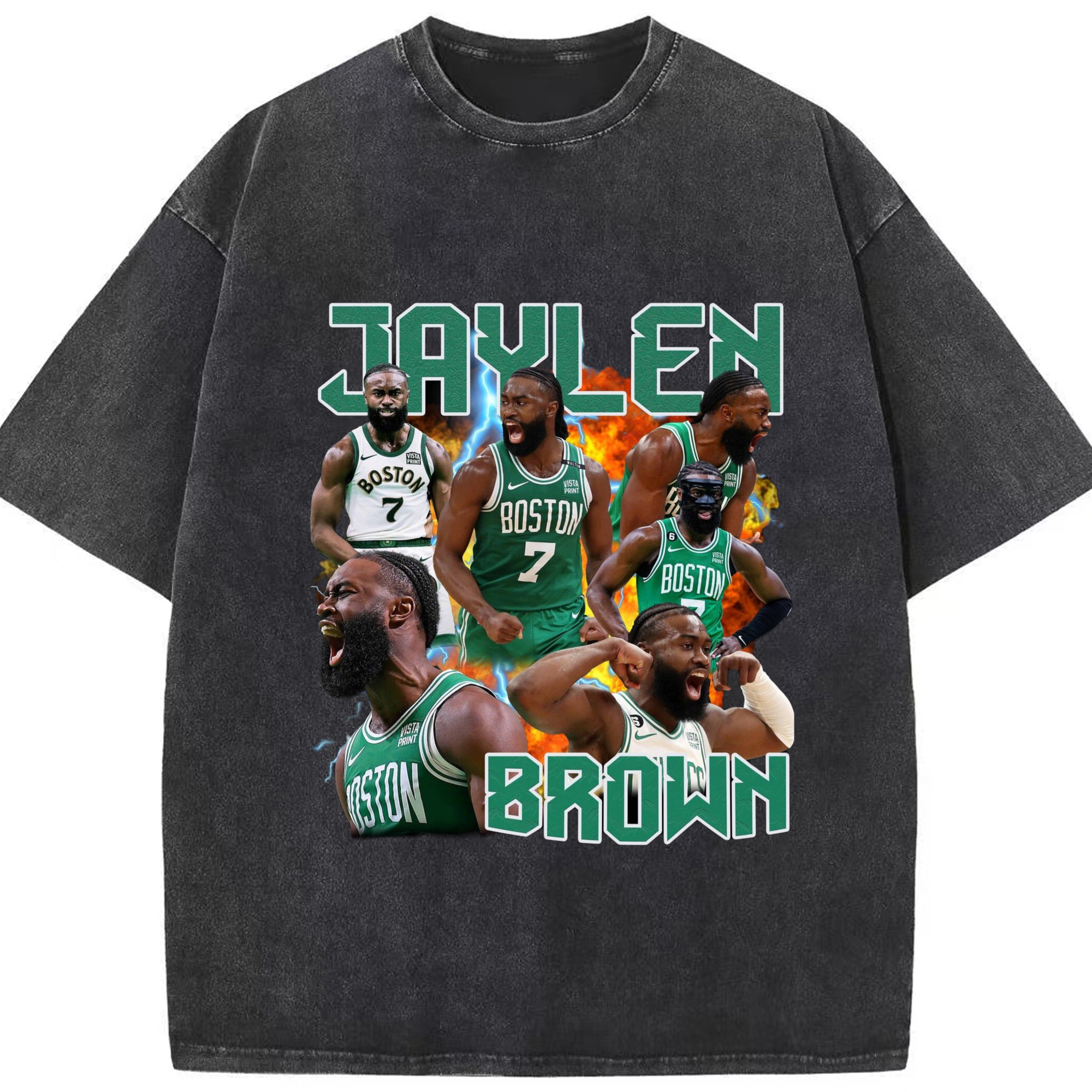 Jaylen Brown #7 vintage T‑Shirt - Washed Vintage Look 230g Cotton Oversized T-Shirt With Front Heat Transfer Print – Soft, Lightweight, Stylish Fit – Comfortable Casual Wear For Sports & Everyday Use
