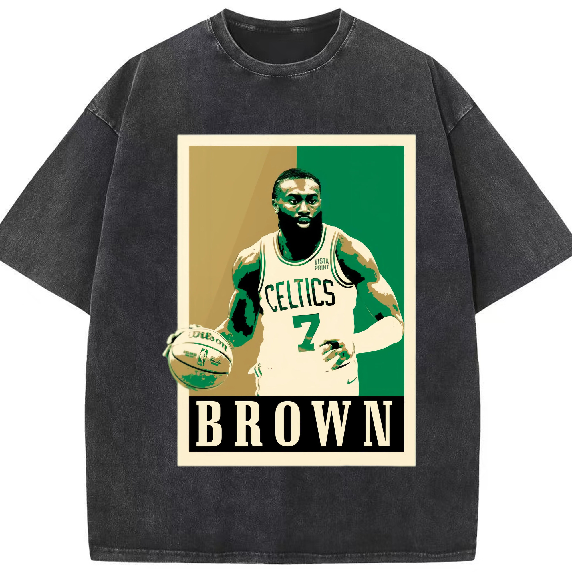 Jaylen  Brown Watermark style T‑Shirt - Washed Vintage Look 230g Cotton Oversized T-Shirt With Front Heat Transfer Print – Soft, Lightweight, Stylish Fit – Comfortable Casual Wear For Sports & Everyday Use