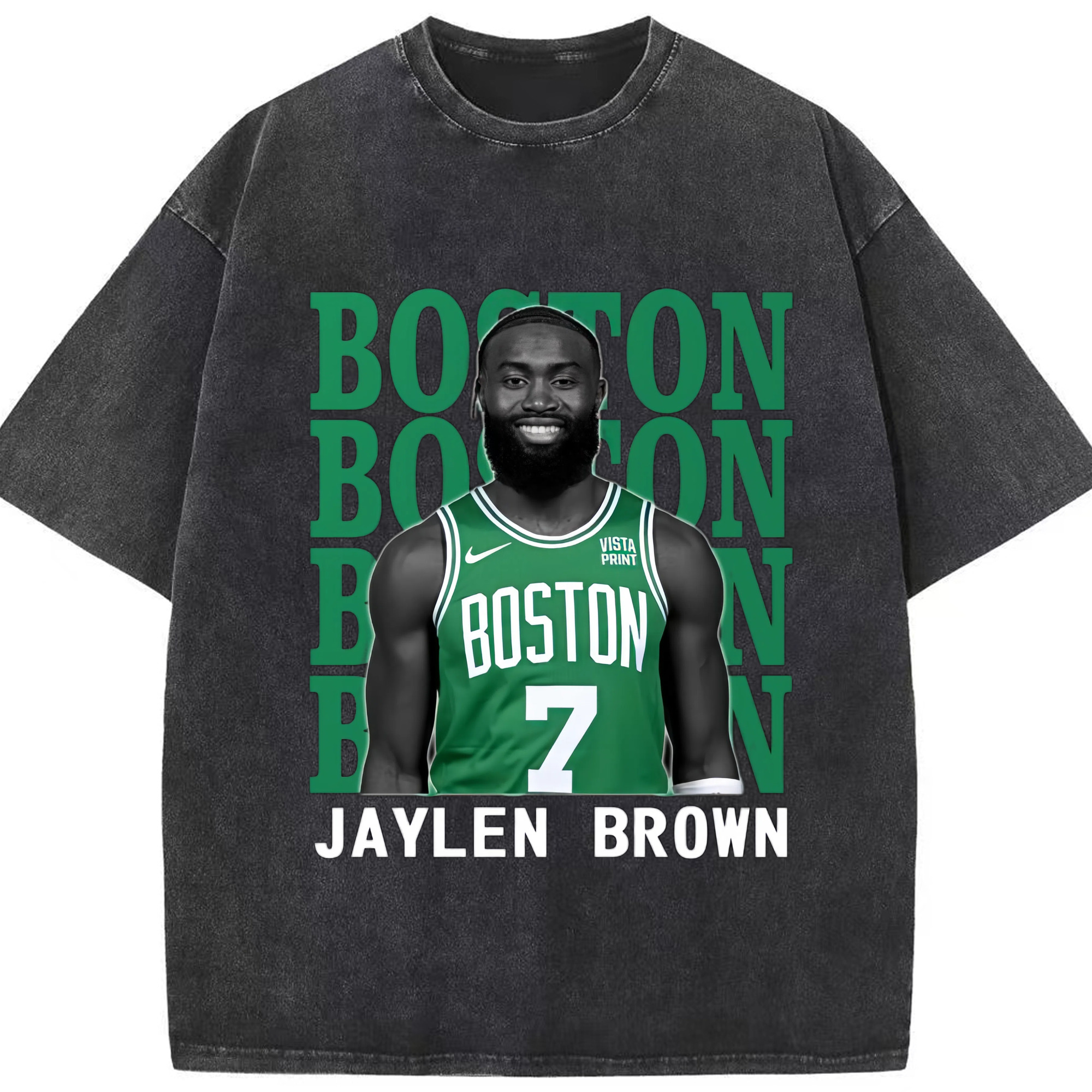 Jaylen Brown Collage Portrait Shirt - Washed Vintage Look 230g Cotton Oversized T-Shirt With Front Heat Transfer Print – Soft, Lightweight, Stylish Fit – Comfortable Casual Wear For Sports & Everyday Use