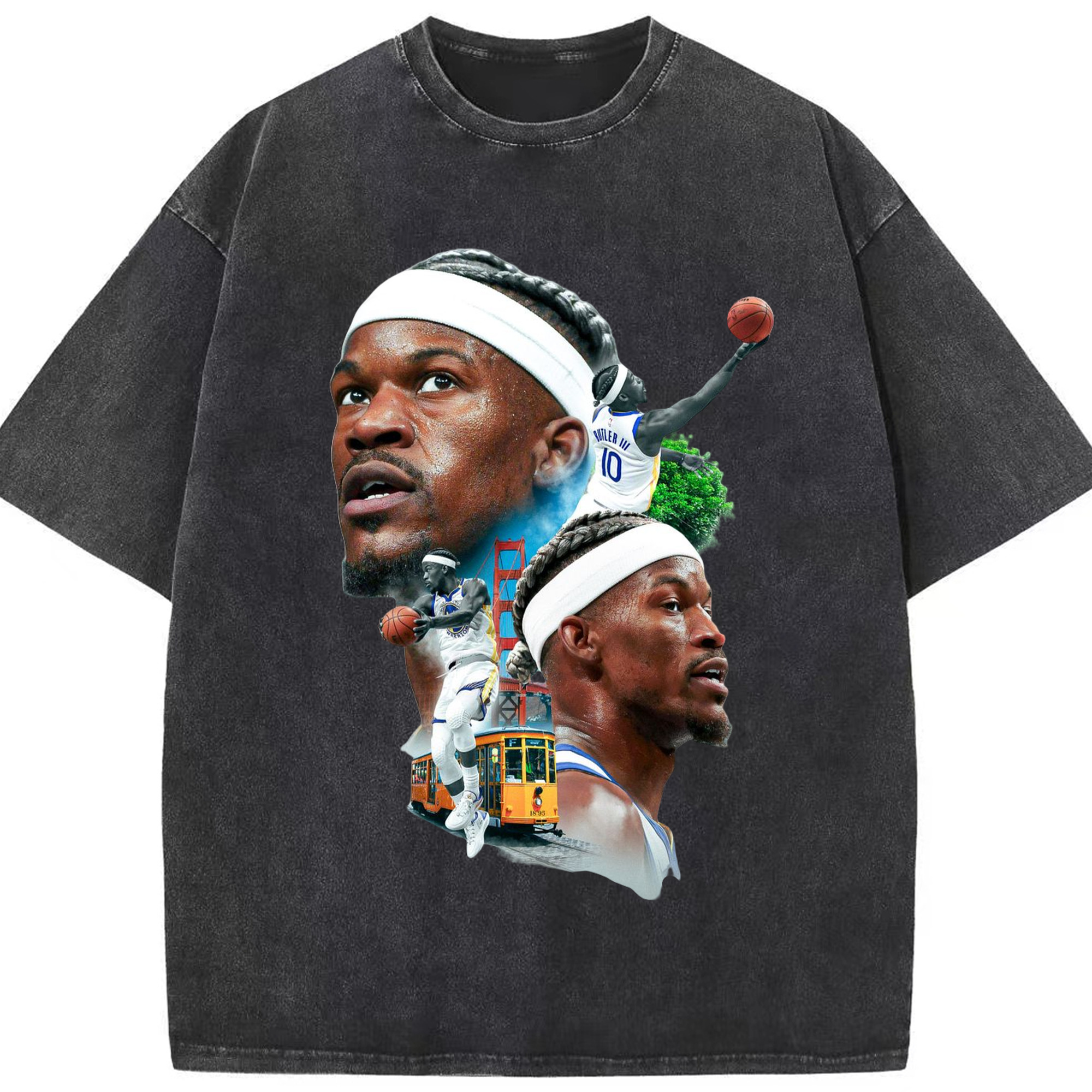 Jimmy butler warriors Collage graphic T‑Shirt - Washed Vintage Look 230g Cotton Oversized T-Shirt With Front Heat Transfer Print – Soft, Lightweight, Stylish Fit – Comfortable Casual Wear For Sports & Everyday Use