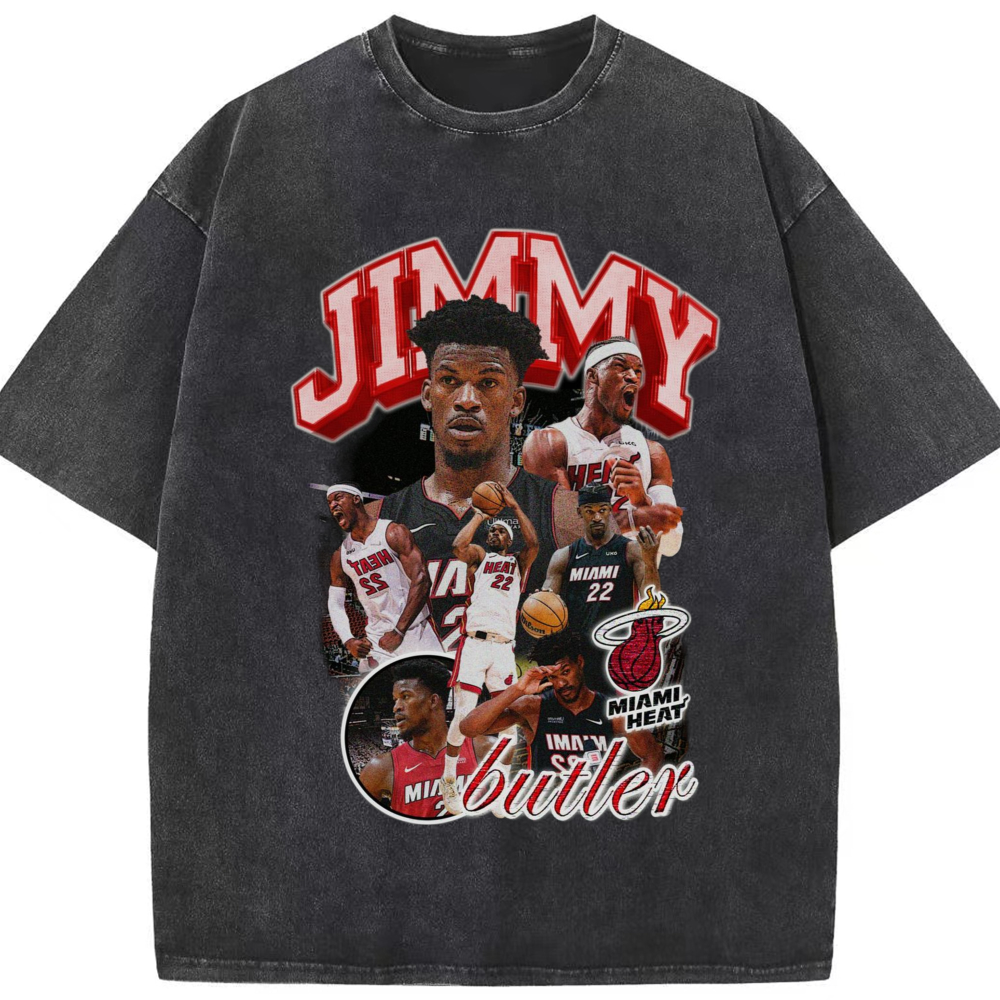 Playoff Jimmy miami heat Retro StyleTee - Washed Vintage Look 230g Cotton Oversized T-Shirt With Front Heat Transfer Print – Soft, Lightweight, Stylish Fit – Comfortable Casual Wear For Sports & Everyday Use
