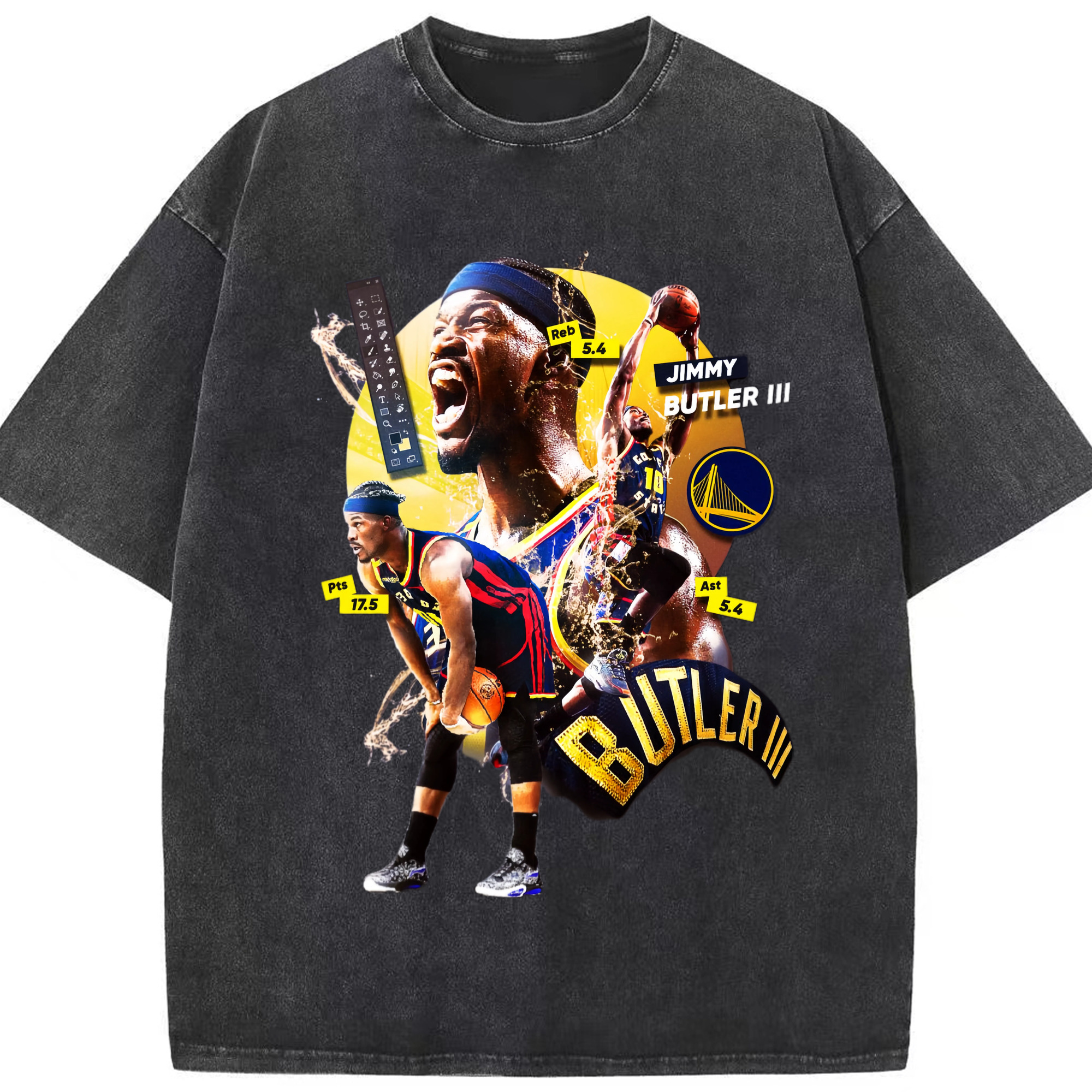 Jimmy Butler warriors Collage graphic tee - Washed Vintage Look 230g Cotton Oversized T-Shirt With Front Heat Transfer Print – Soft, Lightweight, Stylish Fit – Comfortable Casual Wear For Sports & Everyday Use