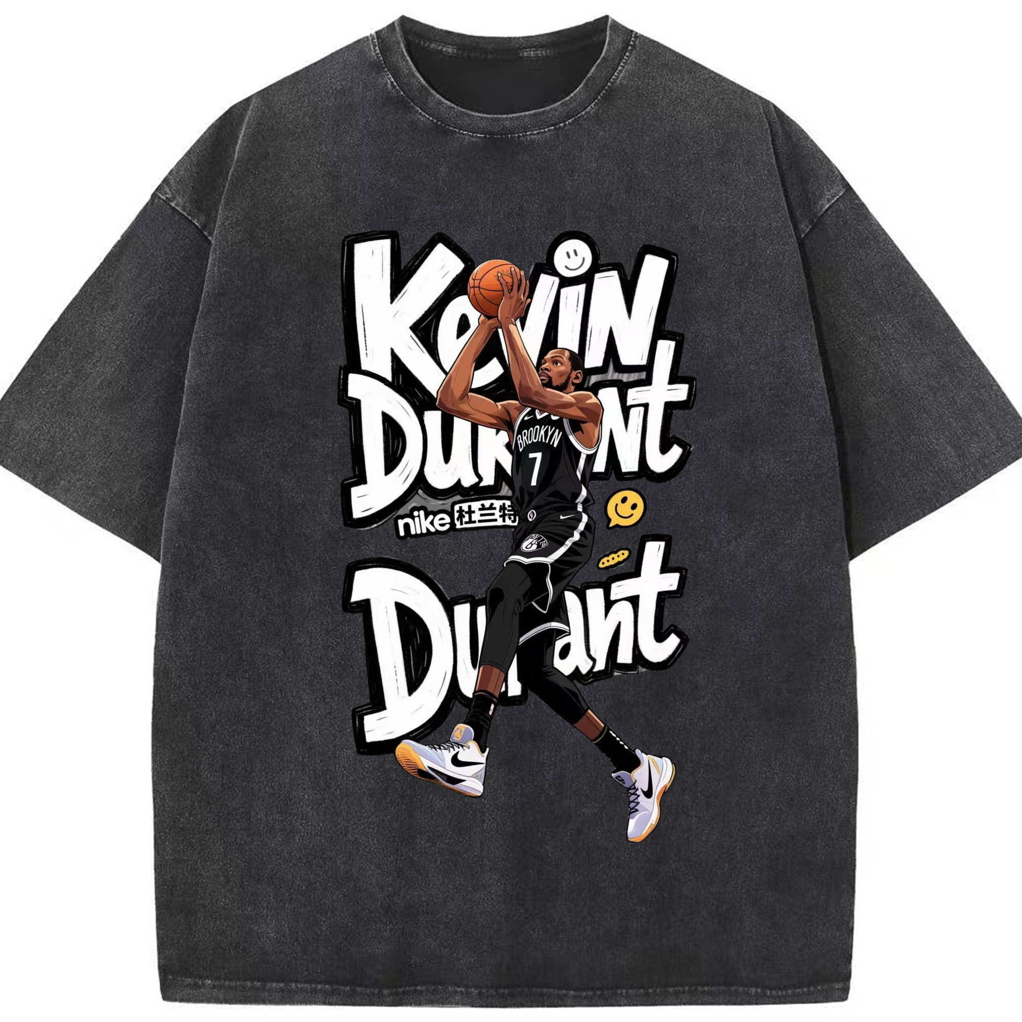Kevin Durant Nets Cartoon style T‑shirt - Washed Vintage Look 230g Cotton Oversized T-Shirt With Front Heat Transfer Print – Soft, Lightweight, Stylish Fit – Comfortable Casual Wear For Sports & Everyday Use