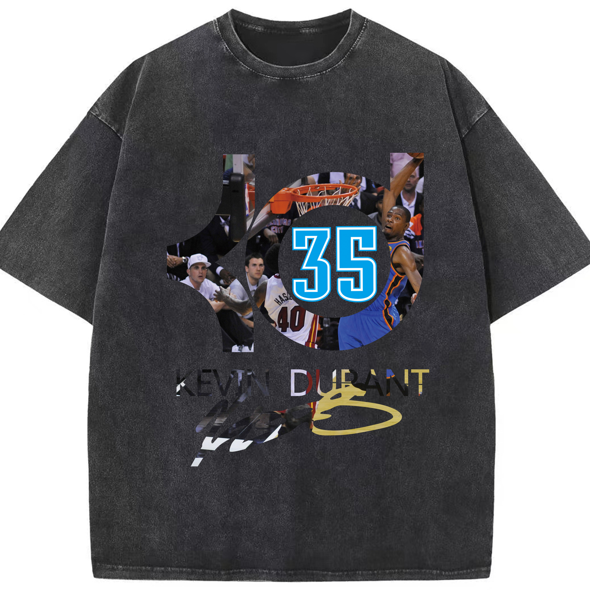 Kevin Durant #35 kD logo T‑shirt - Washed Vintage Look 230g Cotton Oversized T-Shirt With Front Heat Transfer Print – Soft, Lightweight, Stylish Fit – Comfortable Casual Wear For Sports & Everyday Use