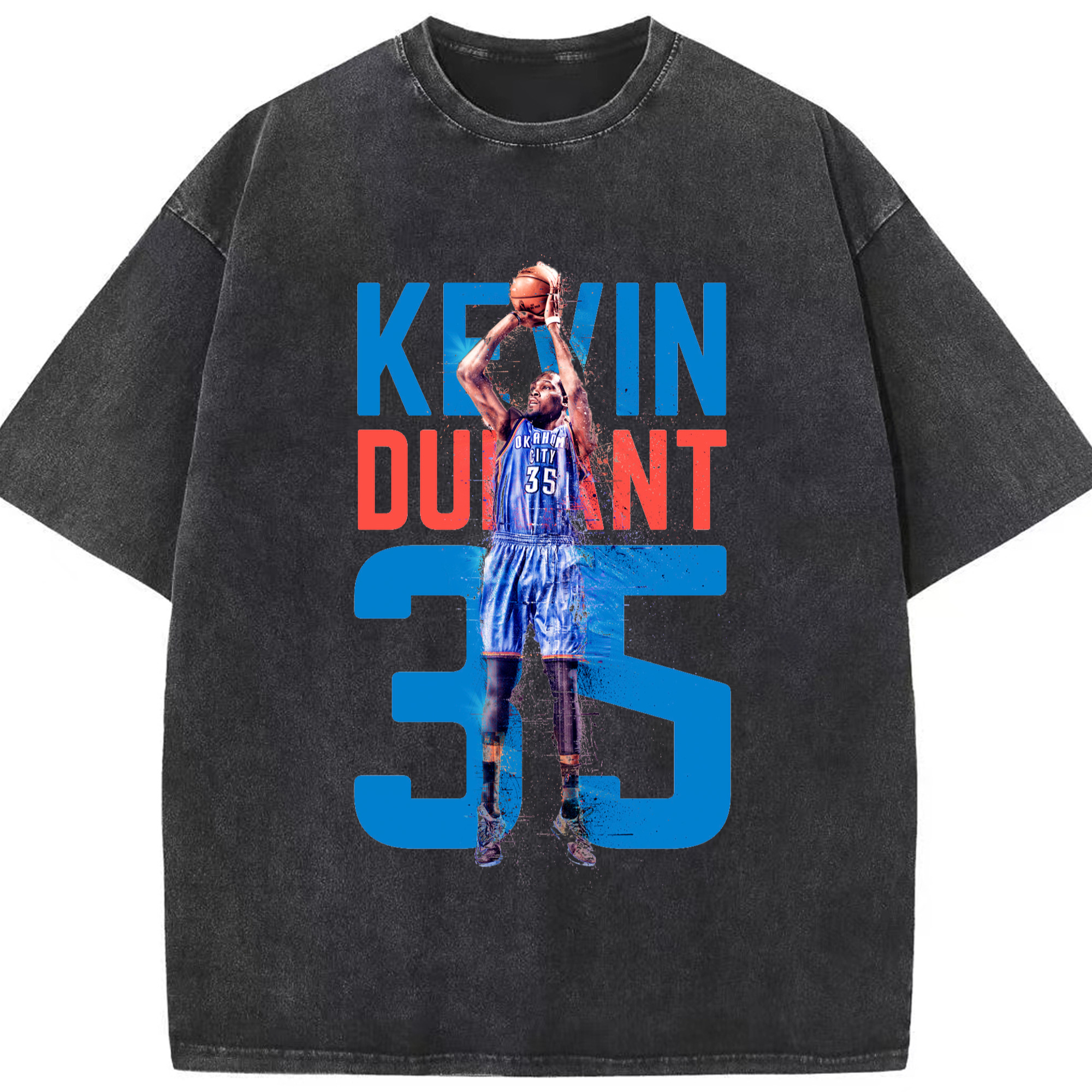 Kevin Durant OKC #35 T‑shirt - Washed Vintage Look 230g Cotton Oversized T-Shirt With Front Heat Transfer Print – Soft, Lightweight, Stylish Fit – Comfortable Casual Wear For Sports & Everyday Use