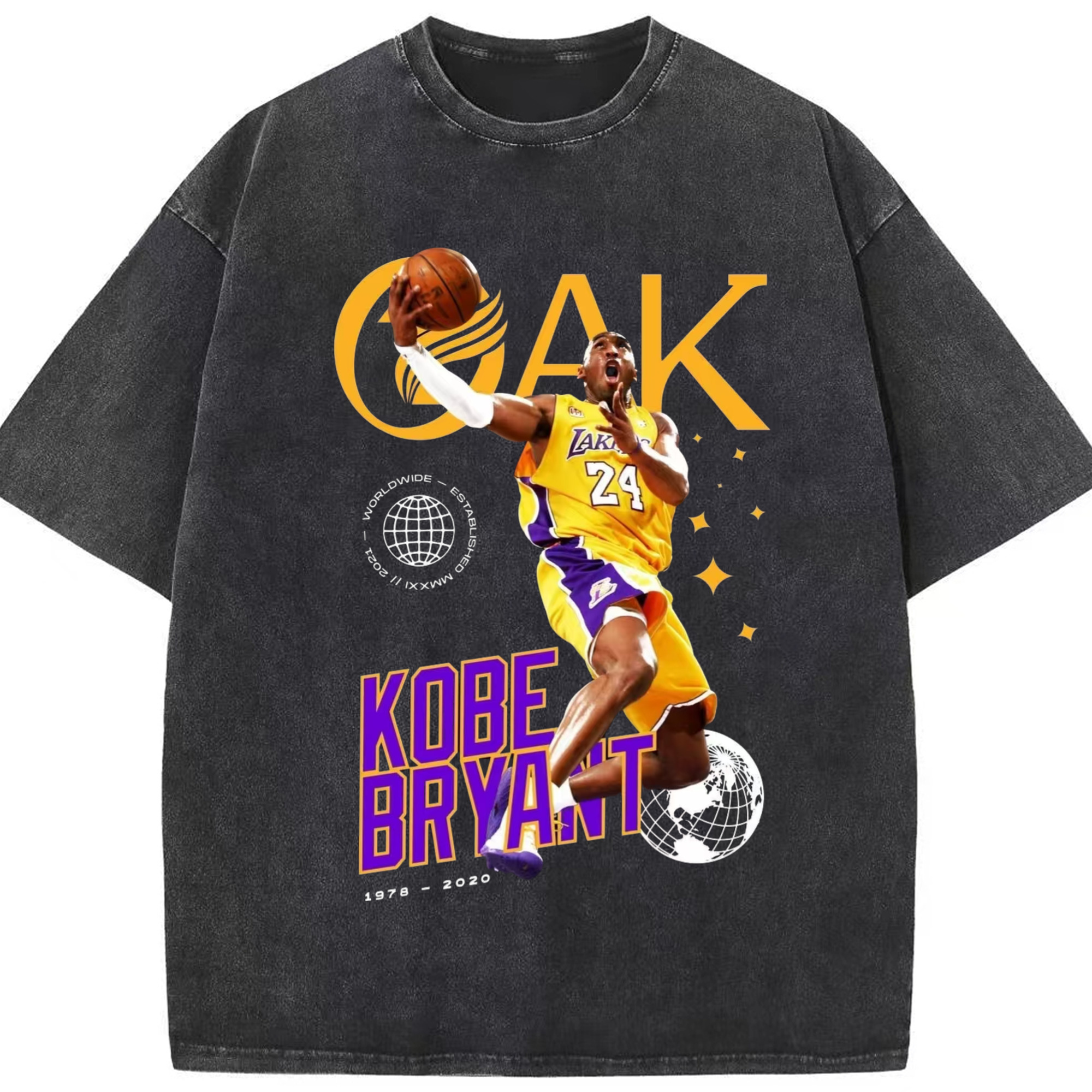 Kobe Bryant #24  Folding layup basket T‑Shirt - Washed Vintage Look 230g Cotton Oversized T-Shirt With Front Heat Transfer Print – Soft, Lightweight, Stylish Fit – Comfortable Casual Wear For Sports & Everyday Use