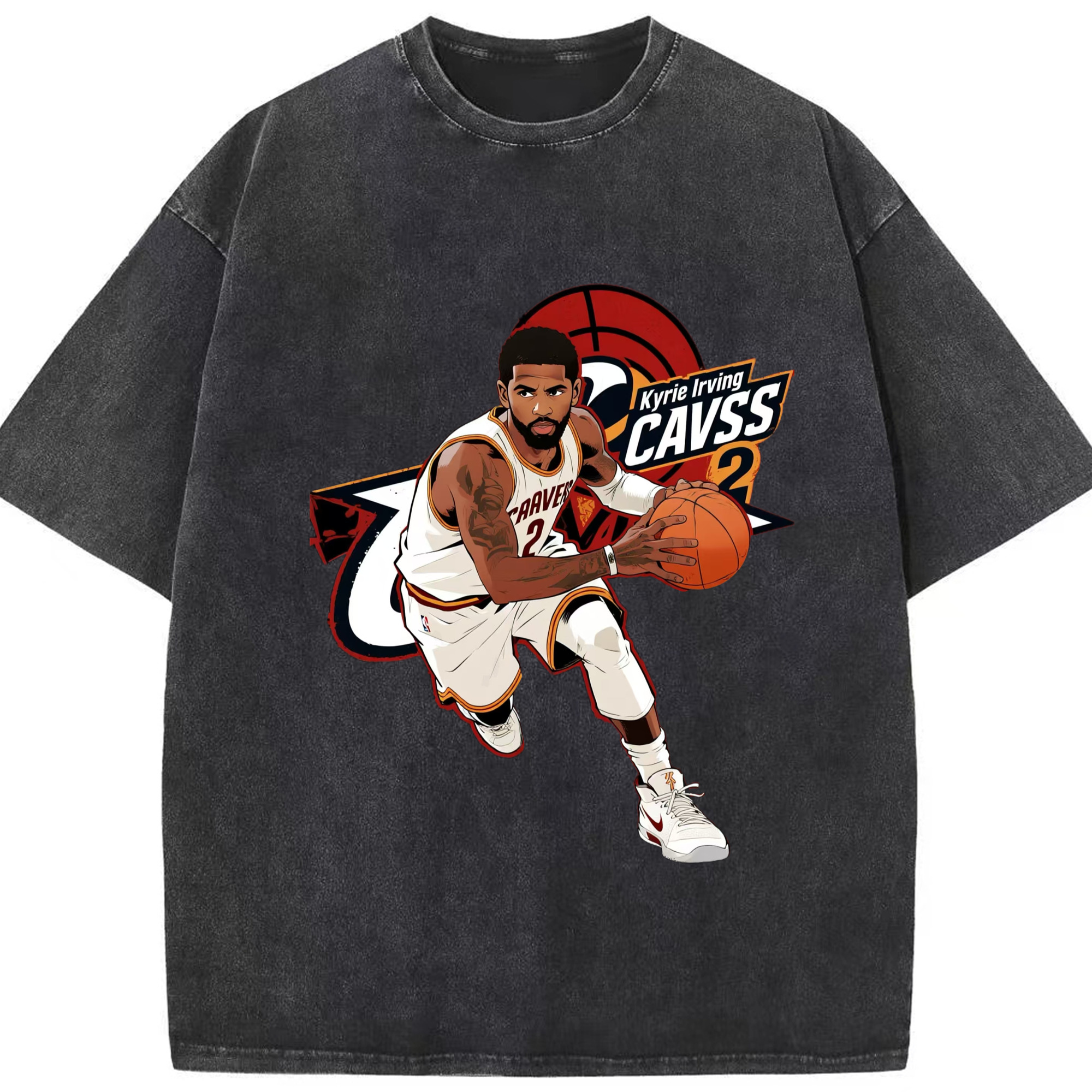 Kyrie irving celtics Cartoon style graphic T‑Shirt - Washed Vintage Look 230g Cotton Oversized T-Shirt With Front Heat Transfer Print – Soft, Lightweight, Stylish Fit – Comfortable Casual Wear For Sports & Everyday Use