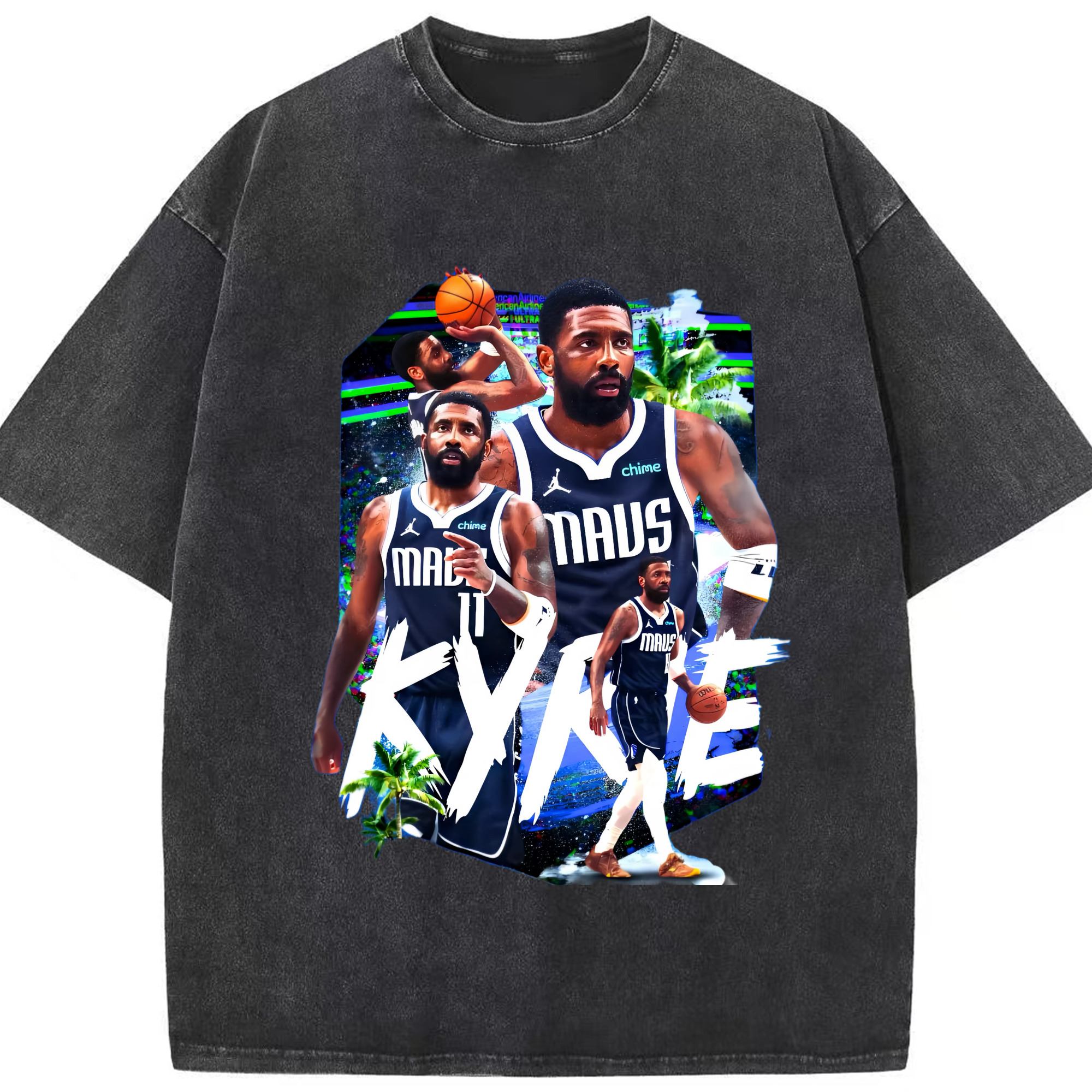 Kyrie Irving Mavericks Shirt - Washed Vintage Look 230g Cotton Oversized T-Shirt With Front Heat Transfer Print – Soft, Lightweight, Stylish Fit – Comfortable Casual Wear For Sports & Everyday Use