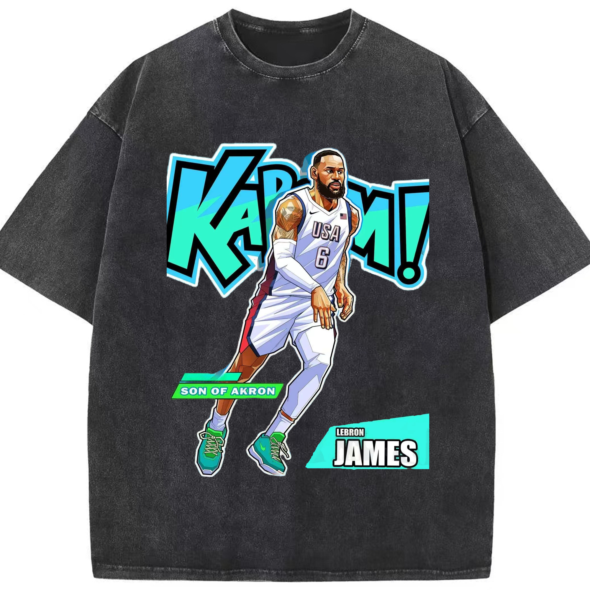 Lebron james #6 usa T‑Shirt - Washed Vintage Look 230g Cotton Oversized T-Shirt With Front Heat Transfer Print – Soft, Lightweight, Stylish Fit – Comfortable Casual Wear For Sports & Everyday Use